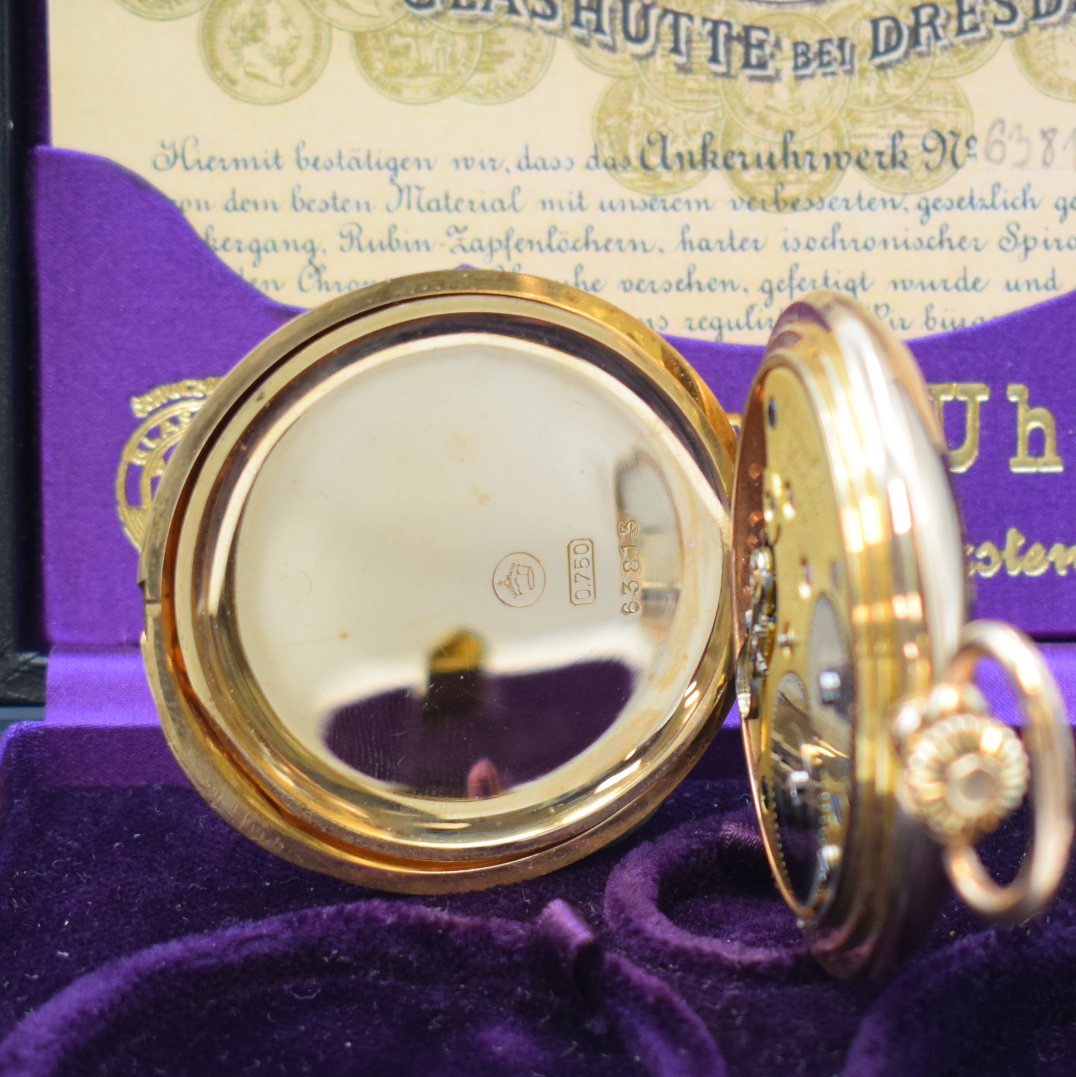 Detail e: A. LANGE & SÖHNE Herrensavonette in RoseG 750/000, Deutschland lt. Archivauszug verk. 1916, glattes 3-Deckel Lucia Goldgeh. leicht dell., ...