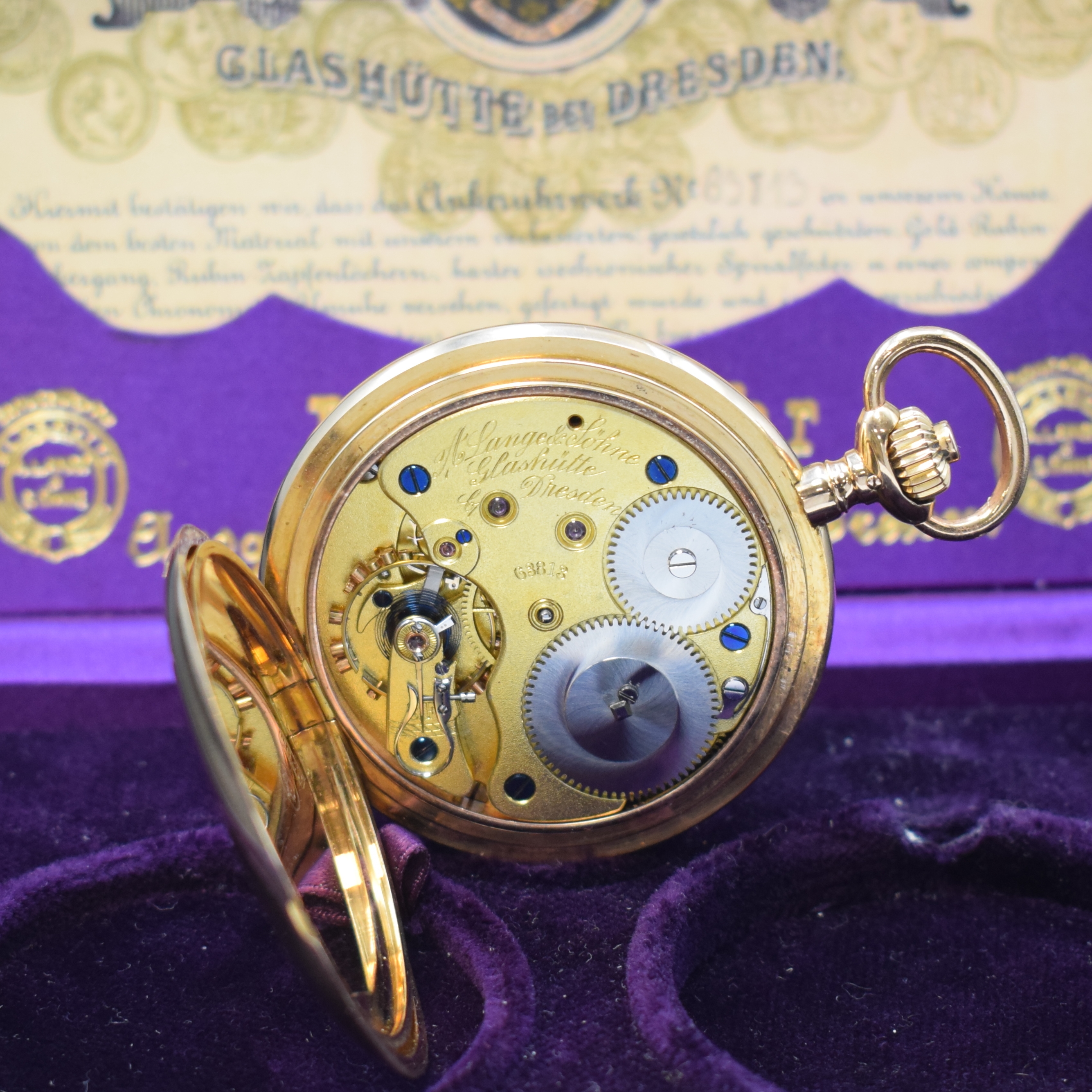 Detail f: A. LANGE & SÖHNE Herrensavonette in RoseG 750/000, Deutschland lt. Archivauszug verk. 1916, glattes 3-Deckel Lucia Goldgeh. leicht dell., ...