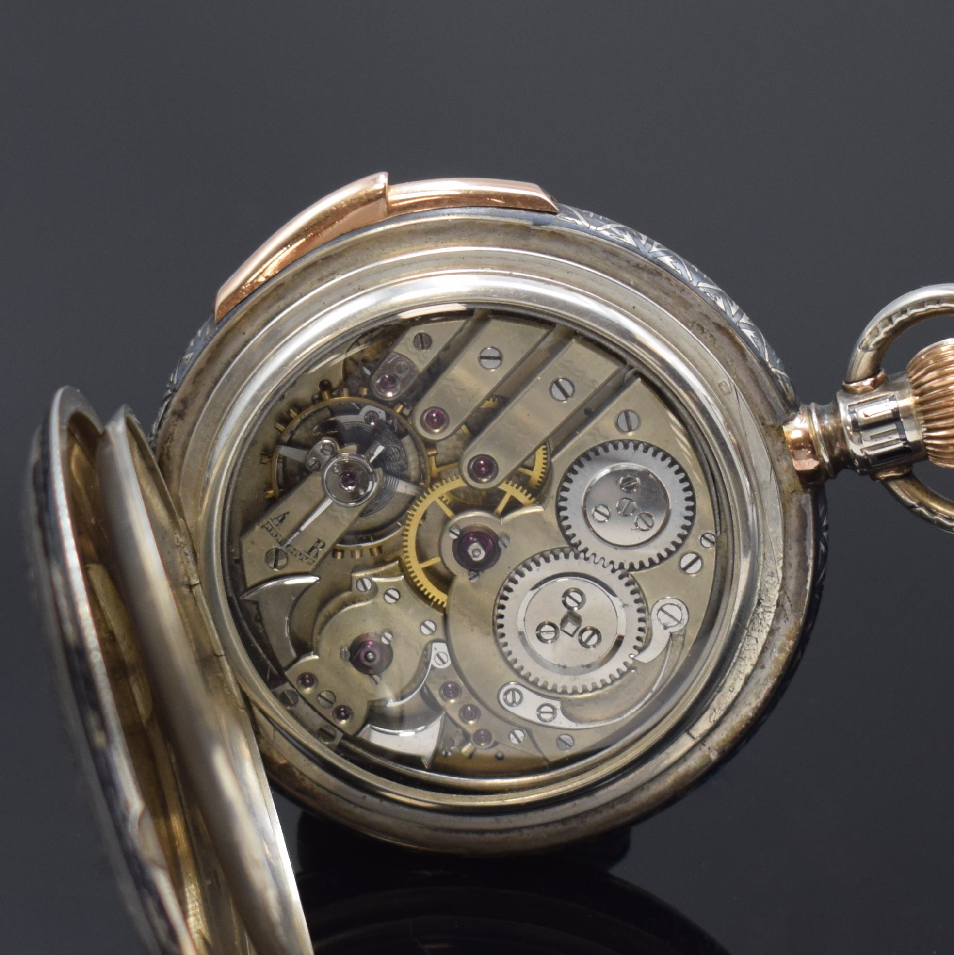 Detail g: Große Tulasilber Herrensavonette mit 1/4- Stunden Repetition, Schweiz um 1880, Gold- montiertes Geh., florale Tula-Einlagen teilw. besch., im ...