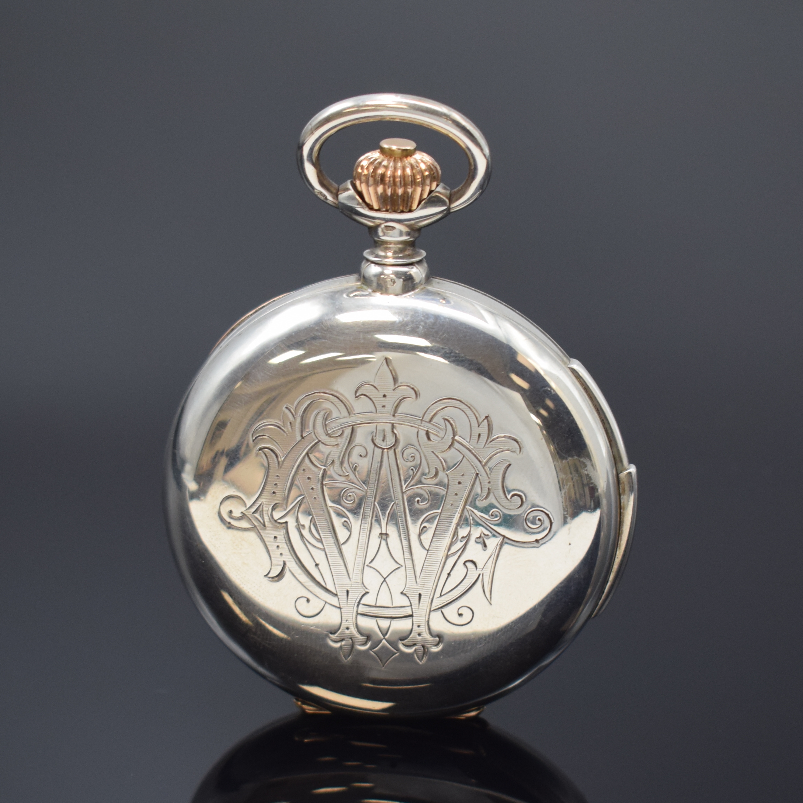 Detail b: CH. SUCHY & FILS schwere Herrensavonette mit Minutenrepetition in Silber, Schweiz um 1900, glattes Geh. m. à-goutte-Schlüssen, Schmuckmonogramm auf ...