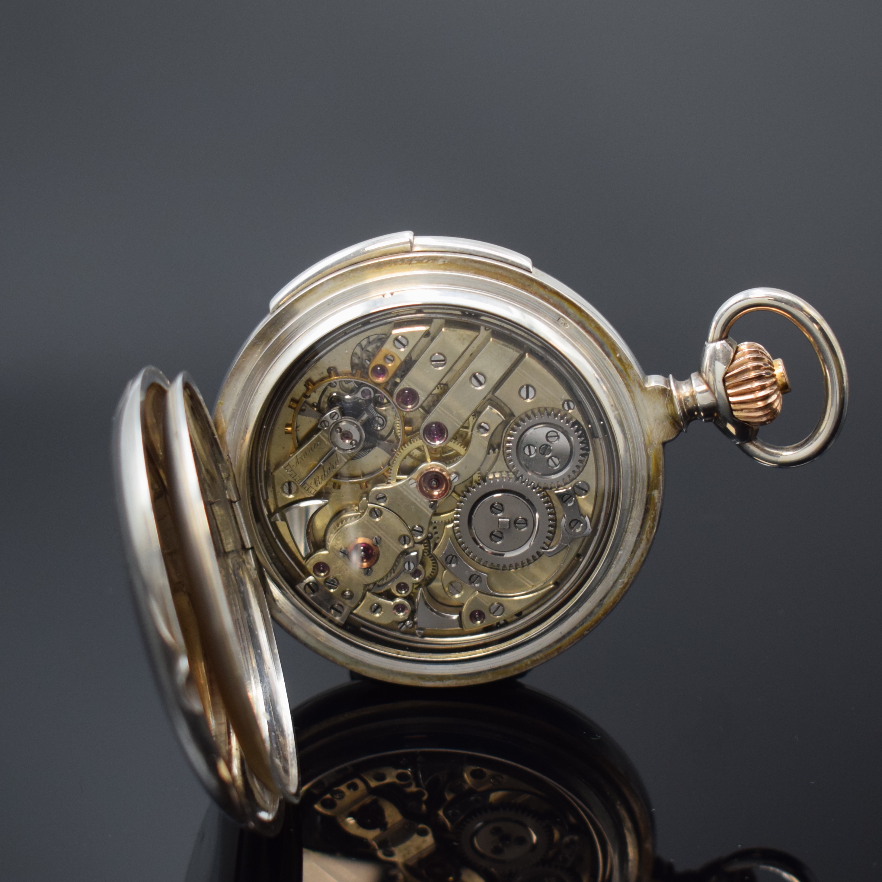 Detail g: CH. SUCHY & FILS schwere Herrensavonette mit Minutenrepetition in Silber, Schweiz um 1900, glattes Geh. m. à-goutte-Schlüssen, Schmuckmonogramm auf ...