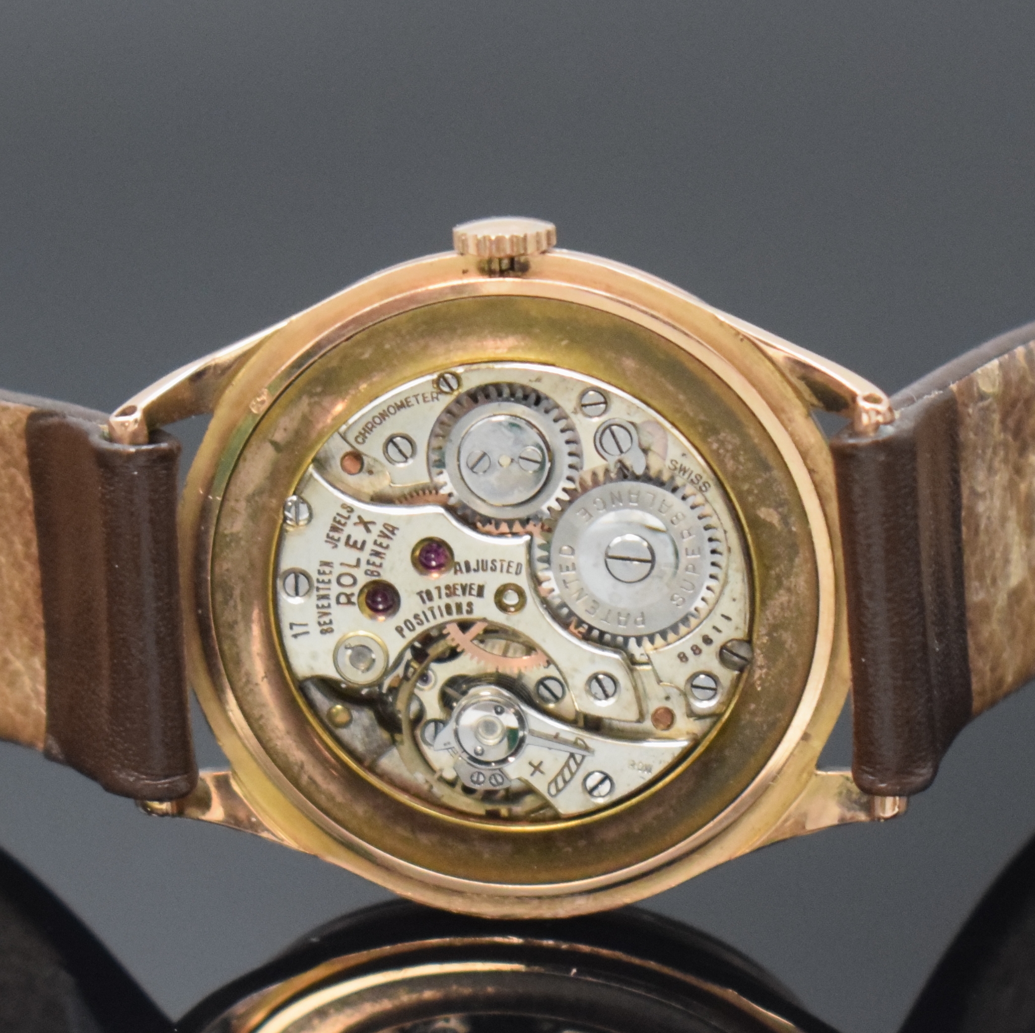 Detail d: ROLEX Chronometer Armbanduhr Referenz 4037 in RoseG 585/000, Schweiz um 1938, Handaufzug, 3-tlg. Geh., Boden u. Glasrand aufgedr., rosegold. ...