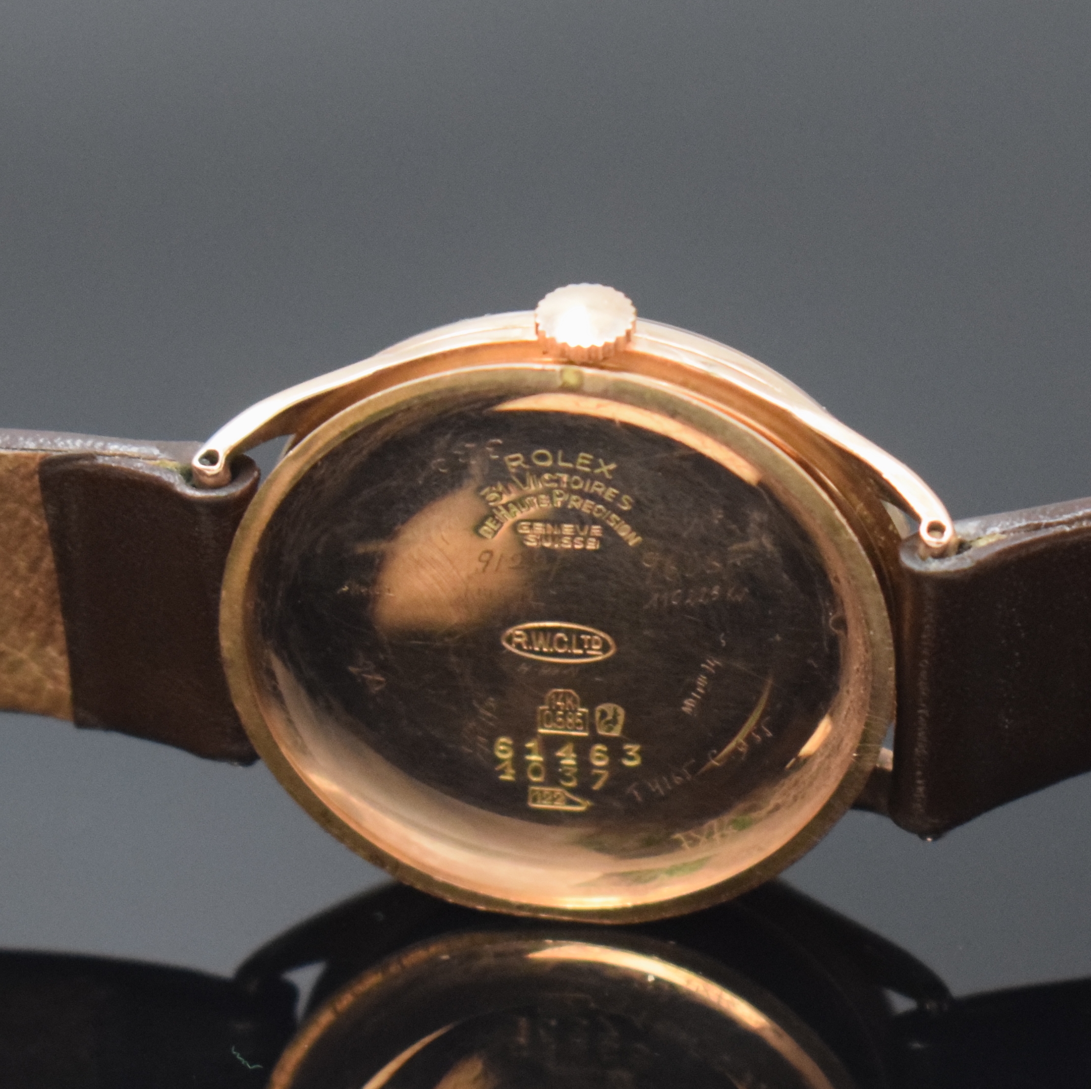 Detail e: ROLEX Chronometer Armbanduhr Referenz 4037 in RoseG 585/000, Schweiz um 1938, Handaufzug, 3-tlg. Geh., Boden u. Glasrand aufgedr., rosegold. ...