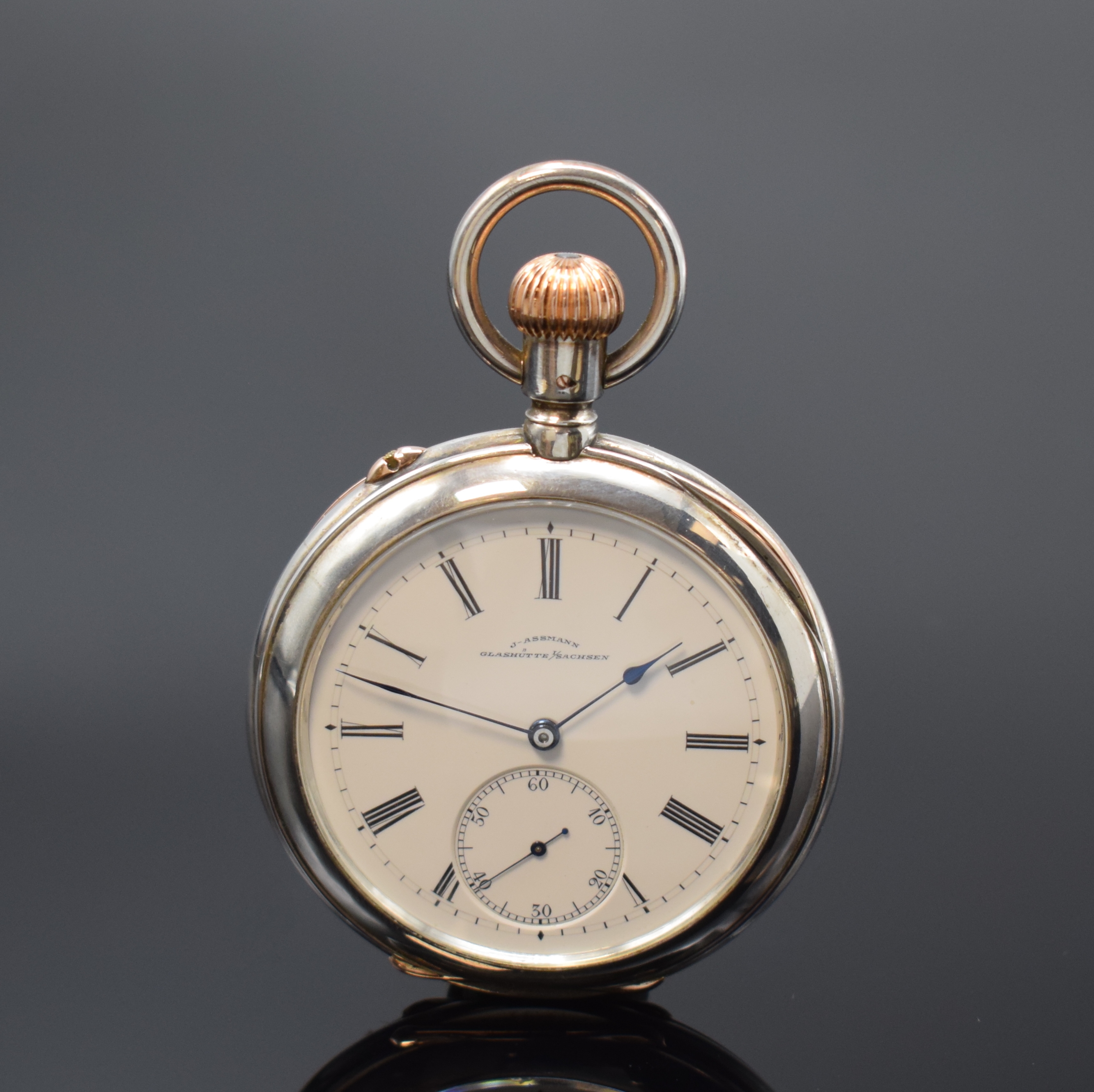 J. ASSMANN Glashütte offene Taschenuhr in Silber, Deutschland um 1907, glattes Geh., Goldscharniere, Schmuckmonogramm auf Rückdeckel, Cuvette grav. ...