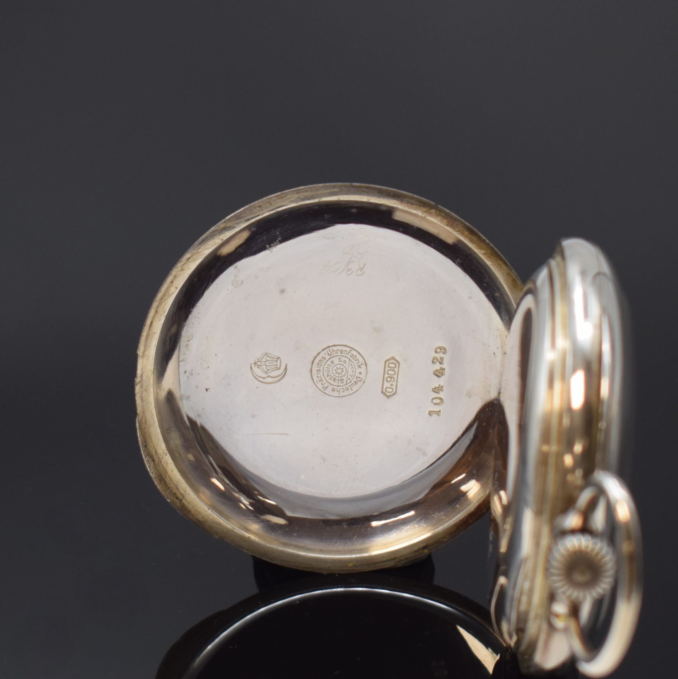 Detail b: GLASHÜTTER PRÄZISIONS-UHREN-FABRIK AG offene Taschenuhr in Silber, Deutschland um 1910, glattes Geh. am Rand dell., Goldscharniere, 3 -tlg. ...