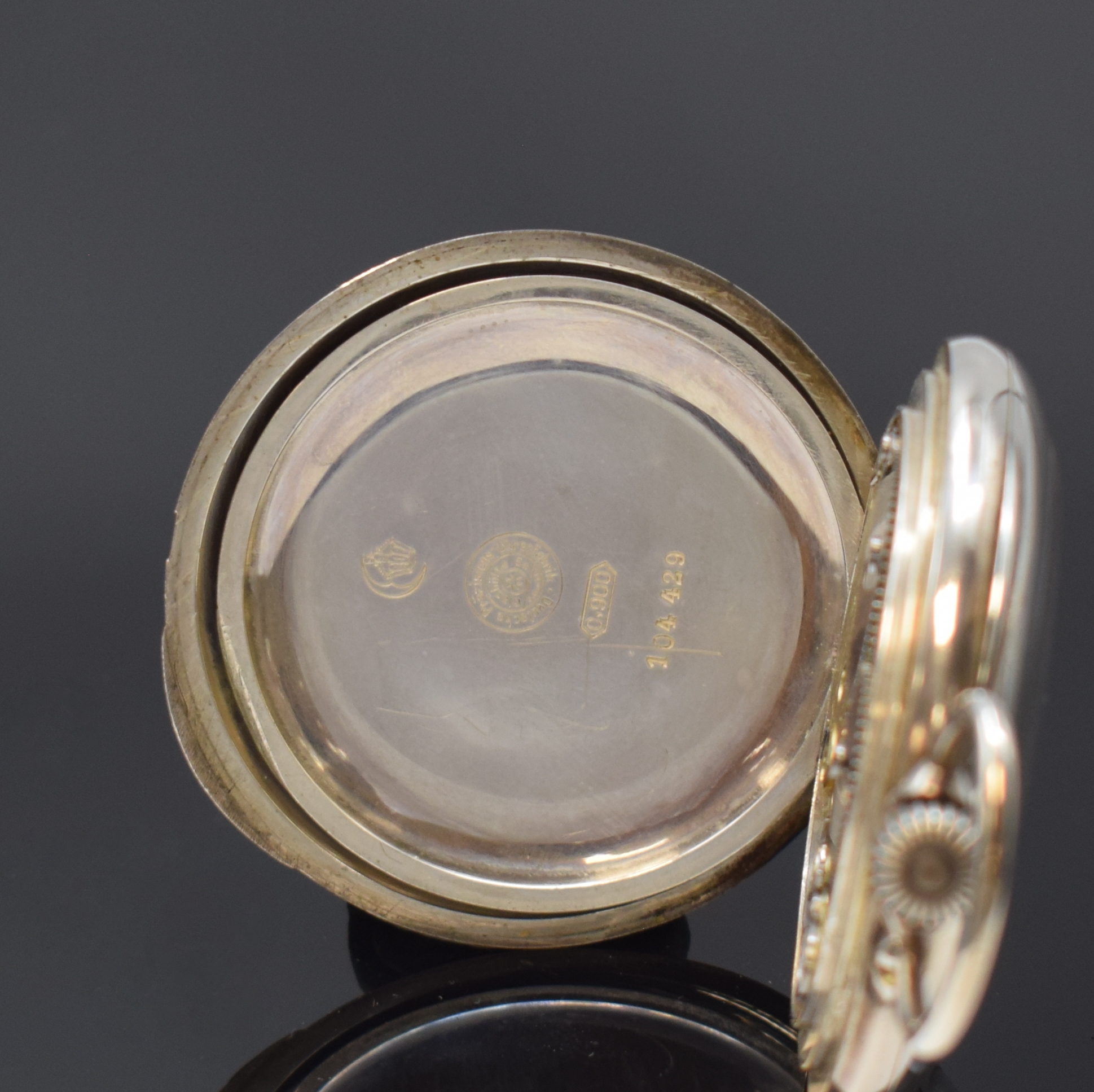 Detail d: GLASHÜTTER PRÄZISIONS-UHREN-FABRIK AG offene Taschenuhr in Silber, Deutschland um 1910, glattes Geh. am Rand dell., Goldscharniere, 3 -tlg. ...