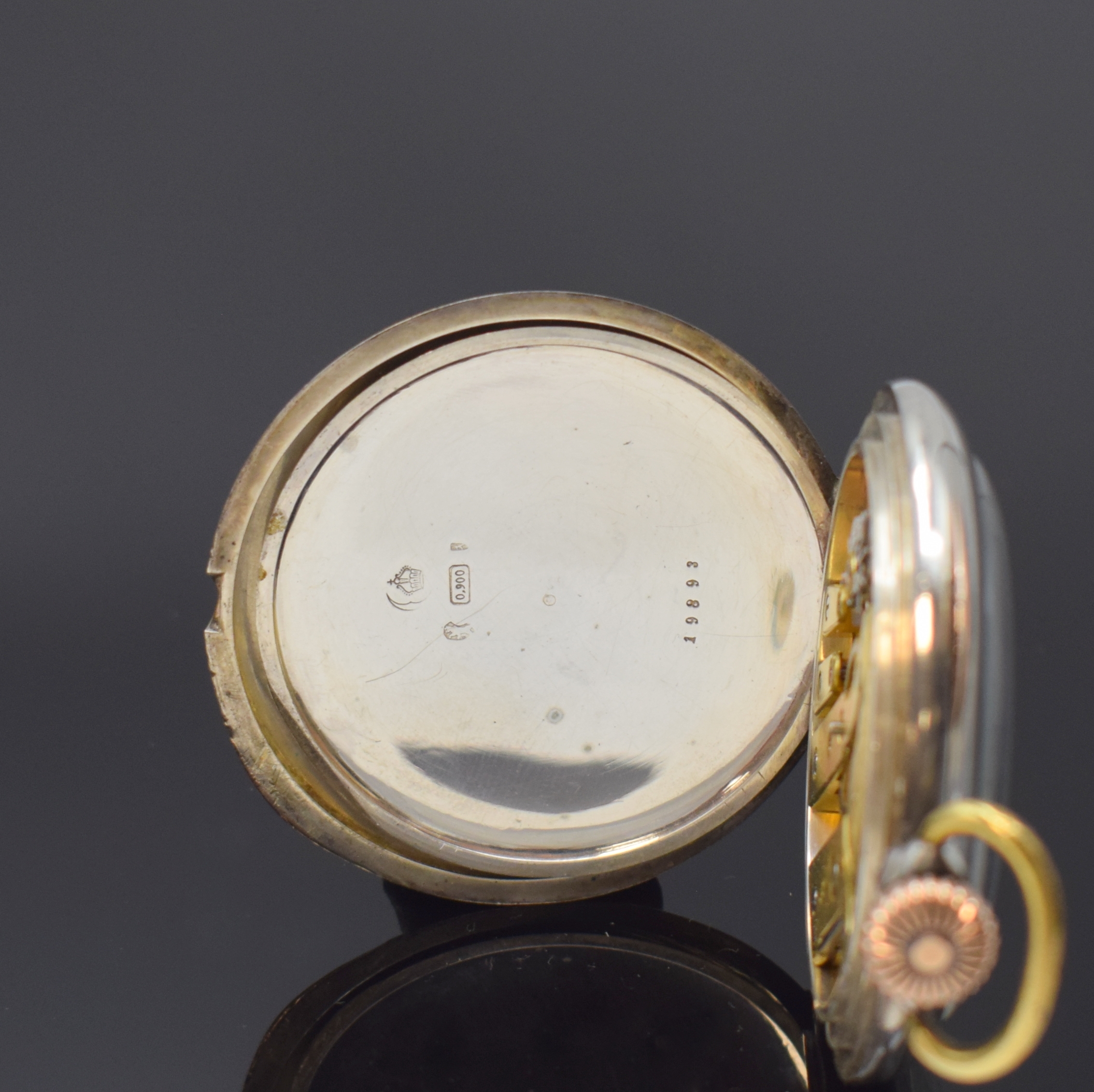 Detail d: J. ASSMANN Glashütte offene Taschenuhr in Silber, Deutschland um 1915, guill. Geh. berieb., Goldscharniere, 3-tlg. Emailzifferbl., gold. ...
