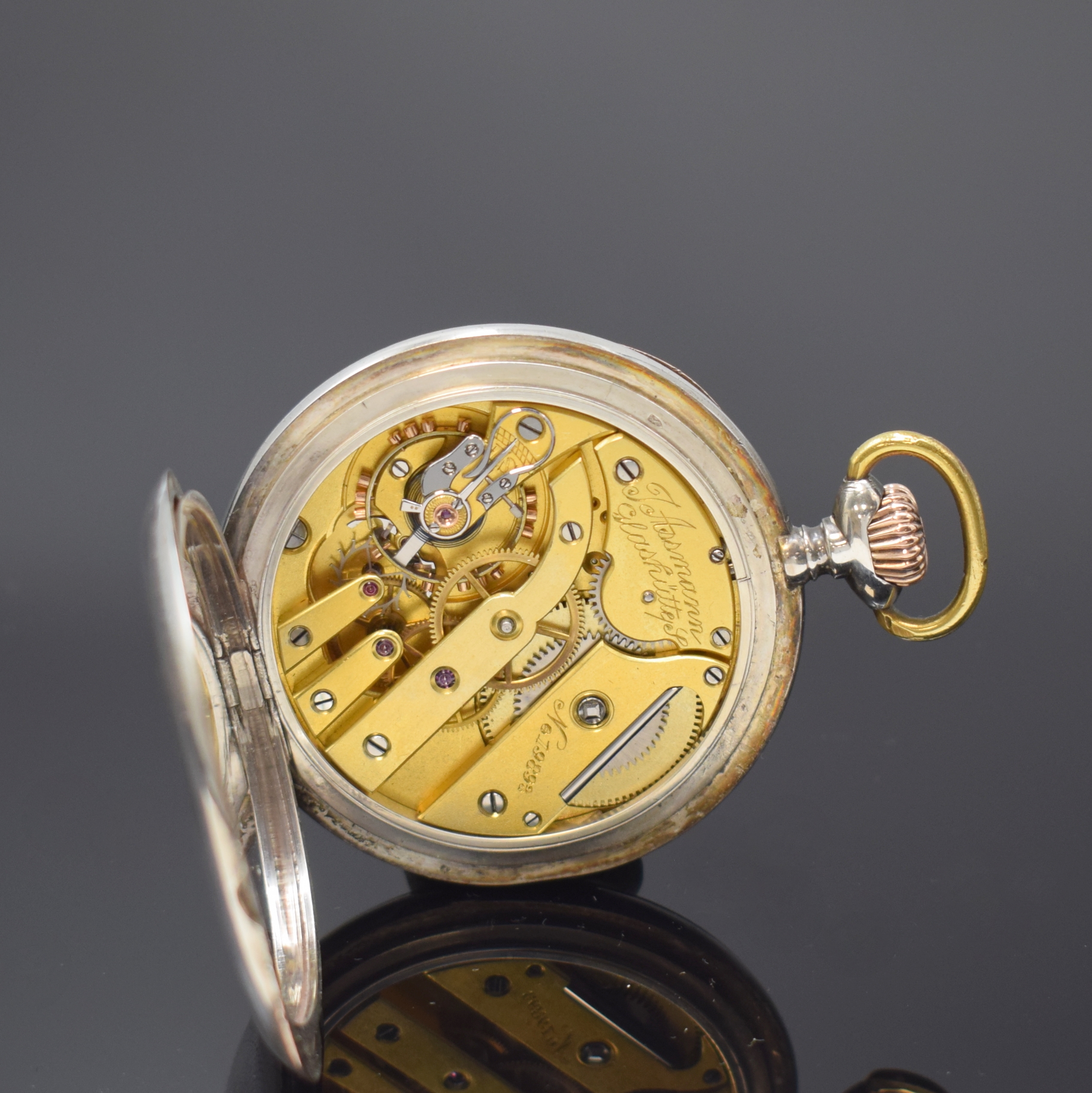 Detail e: J. ASSMANN Glashütte offene Taschenuhr in Silber, Deutschland um 1915, guill. Geh. berieb., Goldscharniere, 3-tlg. Emailzifferbl., gold. ...