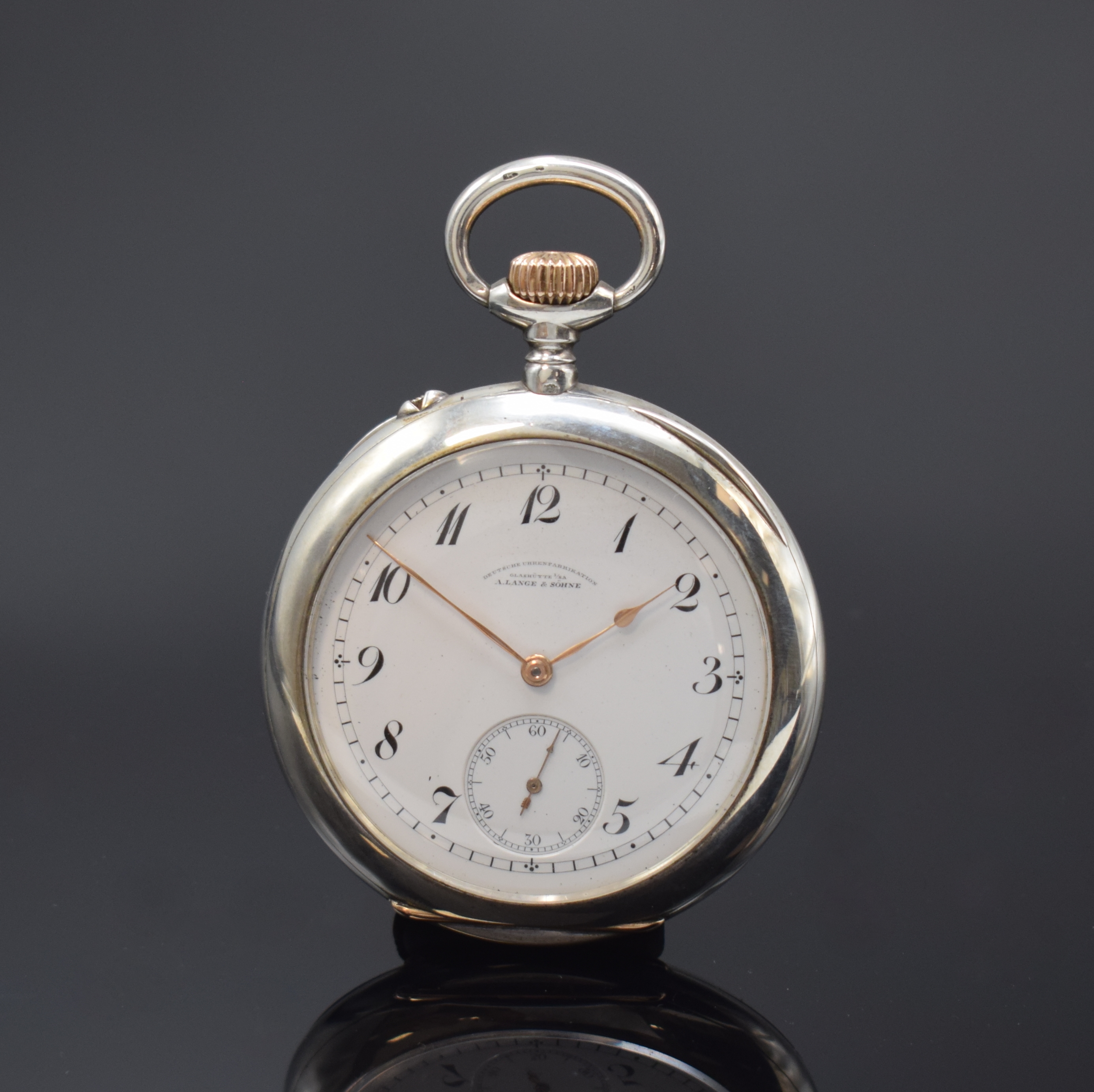 A. LANGE & SÖHNE -DUF- offene Taschenuhr in Silber, Schweiz um 1915, glattes Geh., Goldscharniere, 2-tlg. Emailzifferbl. m. Breguetzahlen, kl. Sek. ...