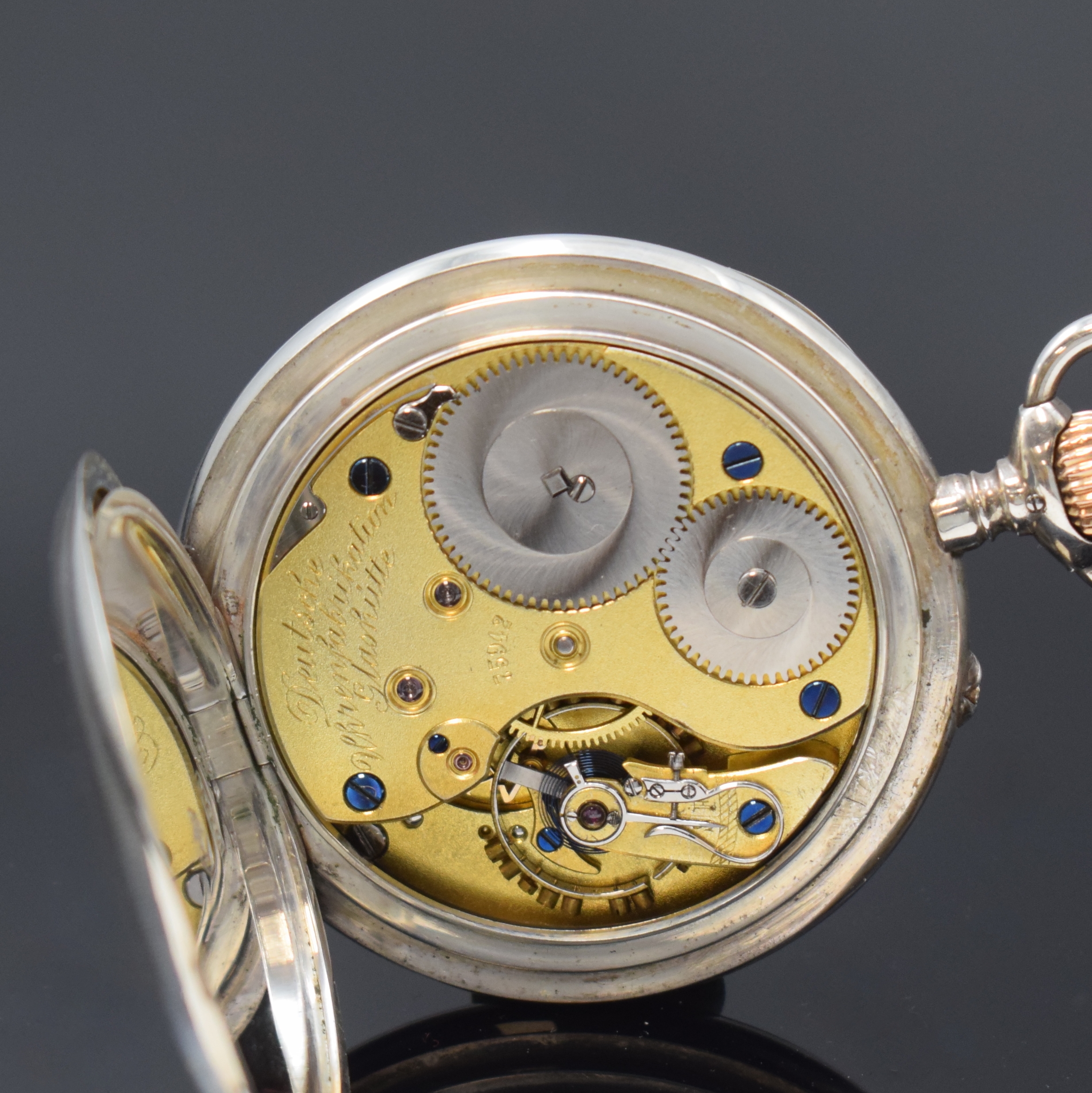 Detail e: A. LANGE & SÖHNE -DUF- offene Taschenuhr in Silber, Schweiz um 1915, glattes Geh., Goldscharniere, 2-tlg. Emailzifferbl. m. Breguetzahlen, kl. Sek. ...