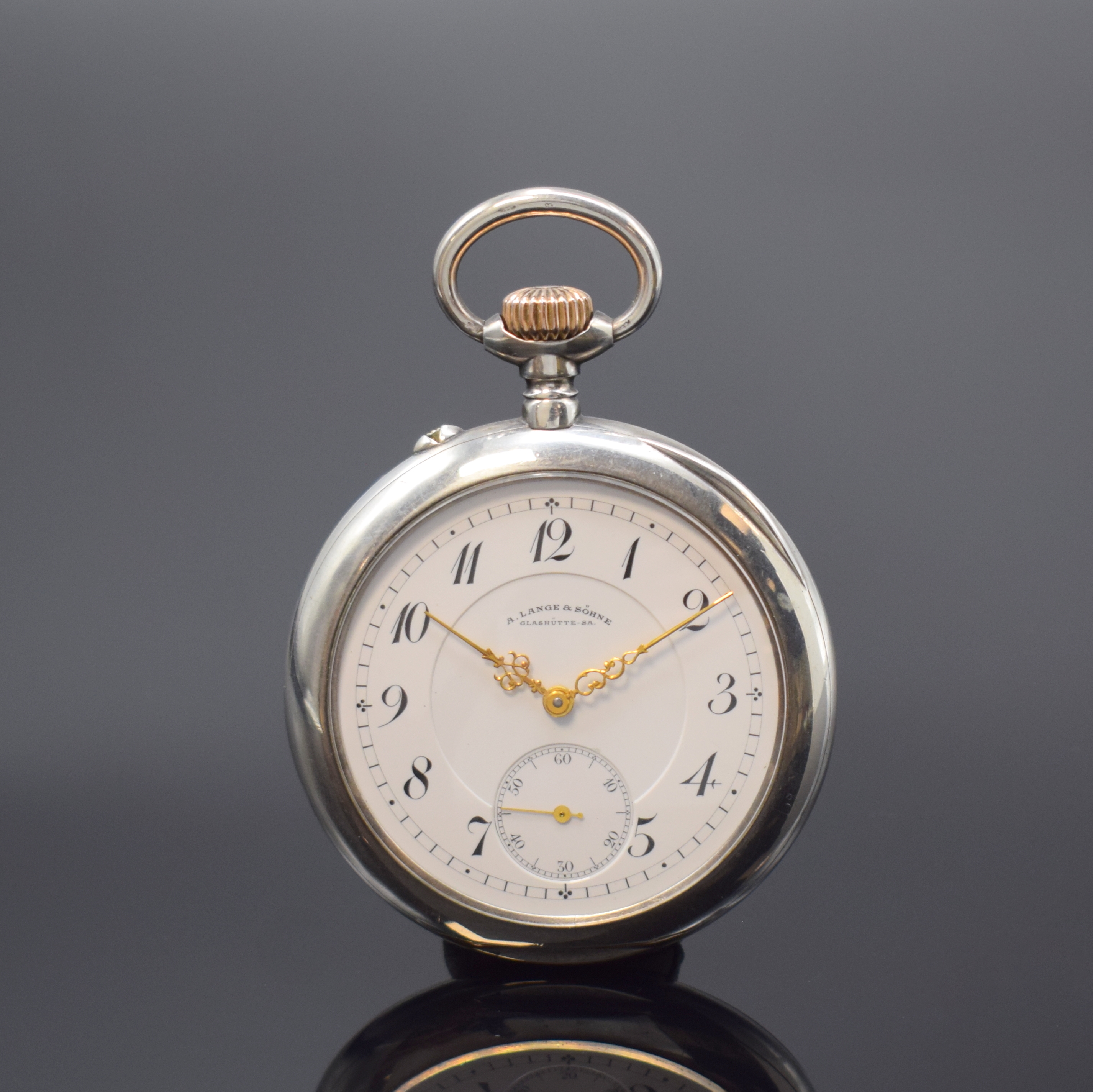 A. LANGE & SÖHNE Glashütte offene Taschenuhr in Silber, Deutschland um 1915, glattes Geh. m. gekürzten Goldscharnieren, 3-tlg. Emailzifferbl. l. ...