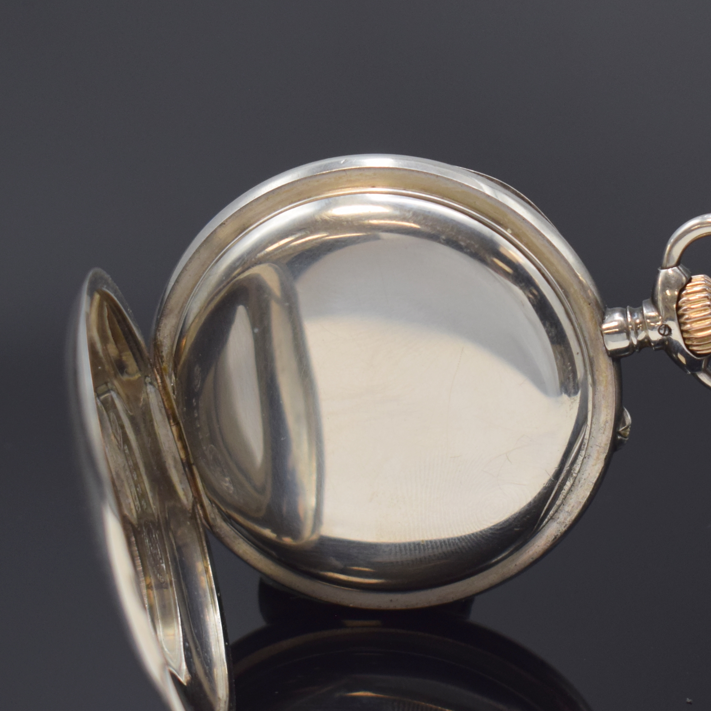 Detail c: A. LANGE & SÖHNE Glashütte offene Taschenuhr in Silber, Deutschland um 1915, glattes Geh. m. gekürzten Goldscharnieren, 3-tlg. Emailzifferbl. l. ...