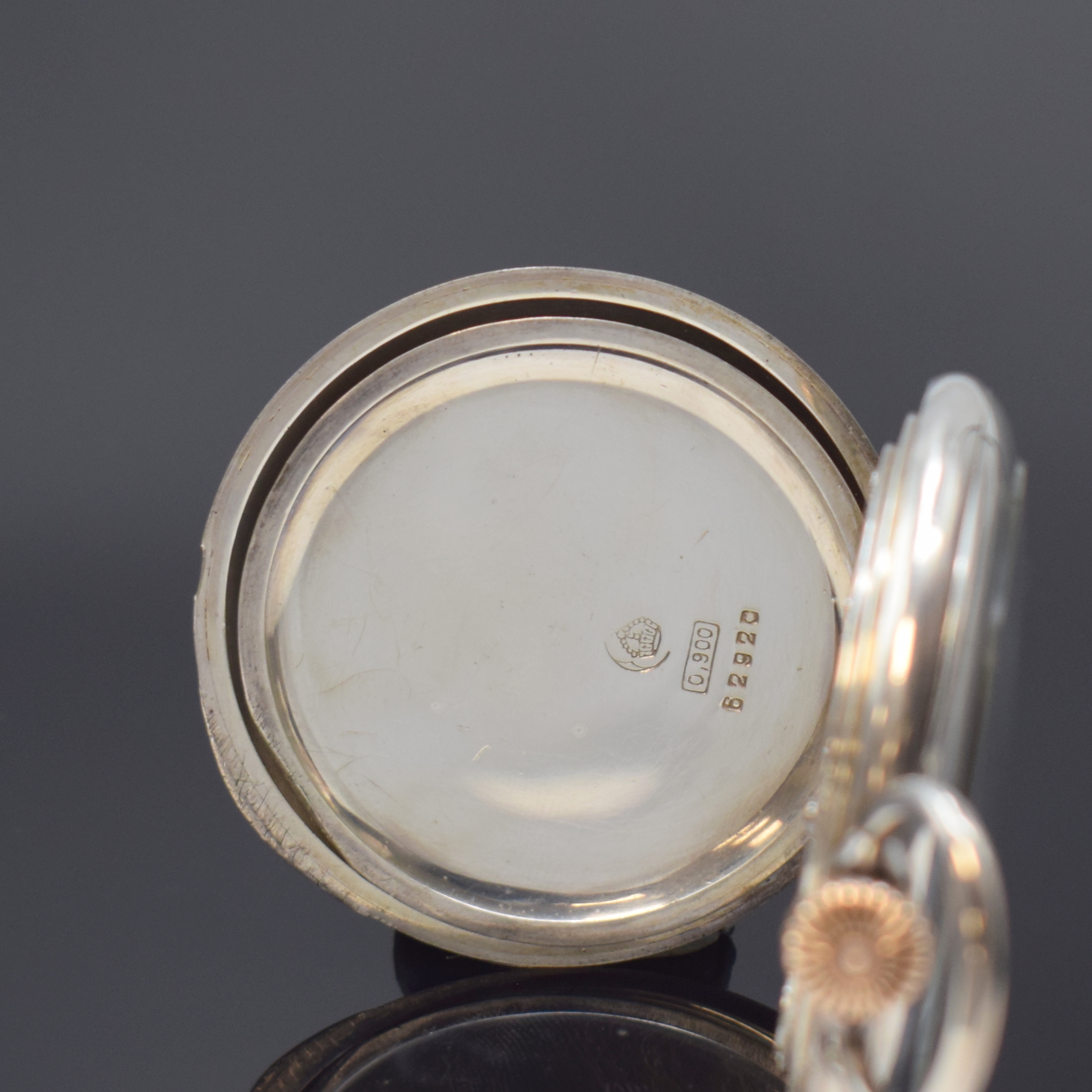 Detail d: A. LANGE & SÖHNE Glashütte offene Taschenuhr in Silber, Deutschland um 1915, glattes Geh. m. gekürzten Goldscharnieren, 3-tlg. Emailzifferbl. l. ...