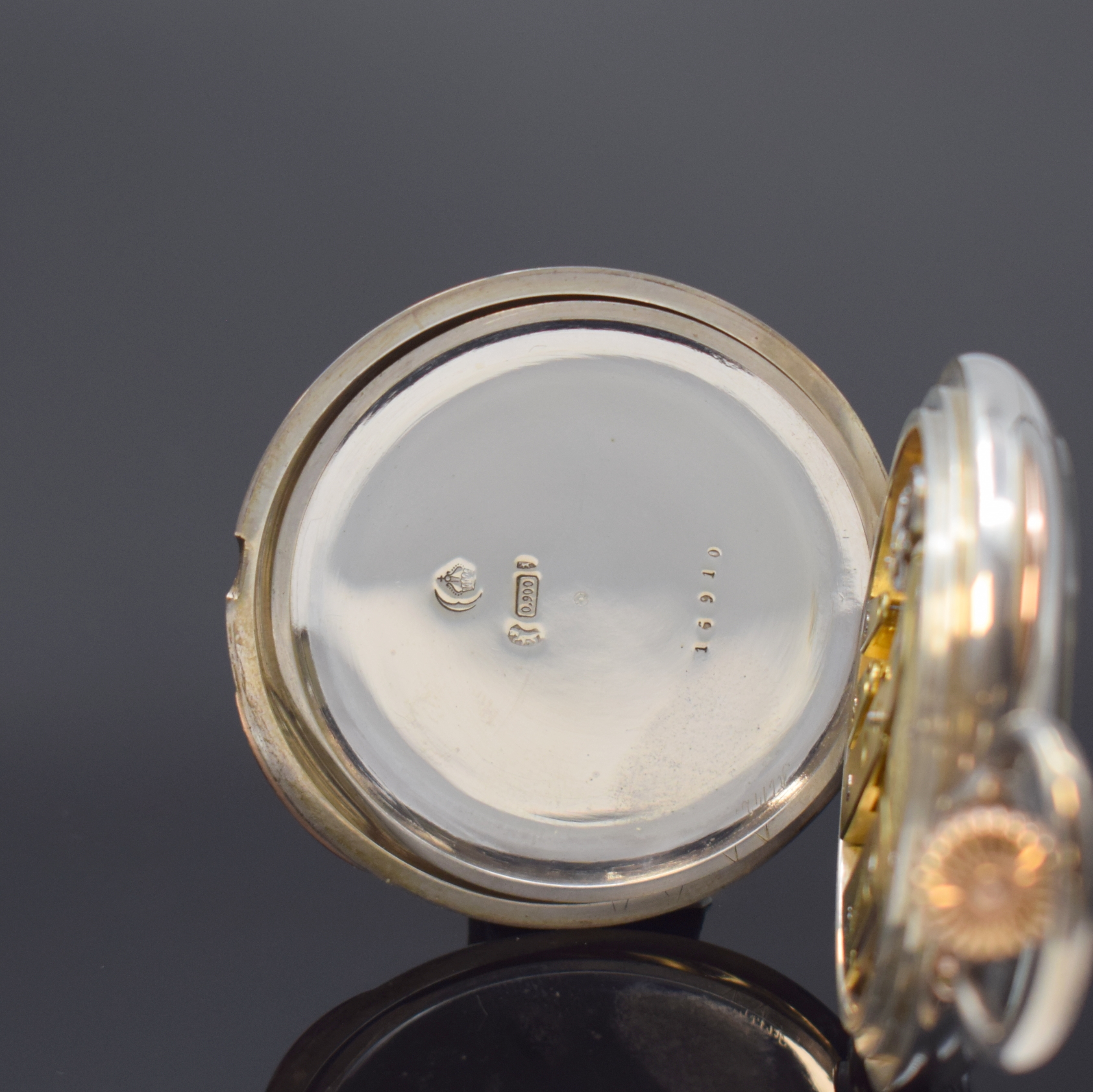 Detail d: J. ASSMANN Glashütte offene Taschenuhr in Silber, Deutschland um 1915, guill. Geh., Goldscharniere, 2-tlg. Emailzifferbl., kl. Sek. b. 6, gebl. ...