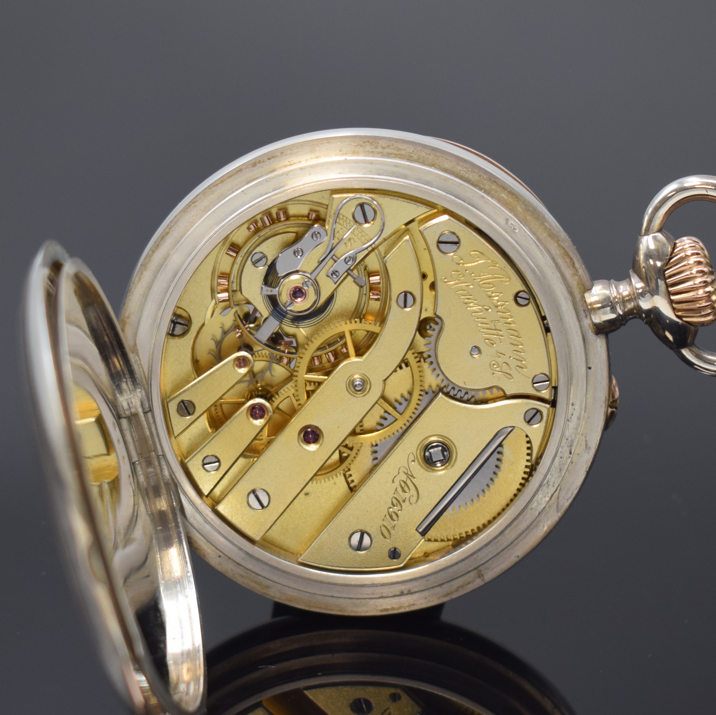 Detail e: J. ASSMANN Glashütte offene Taschenuhr in Silber, Deutschland um 1915, guill. Geh., Goldscharniere, 2-tlg. Emailzifferbl., kl. Sek. b. 6, gebl. ...