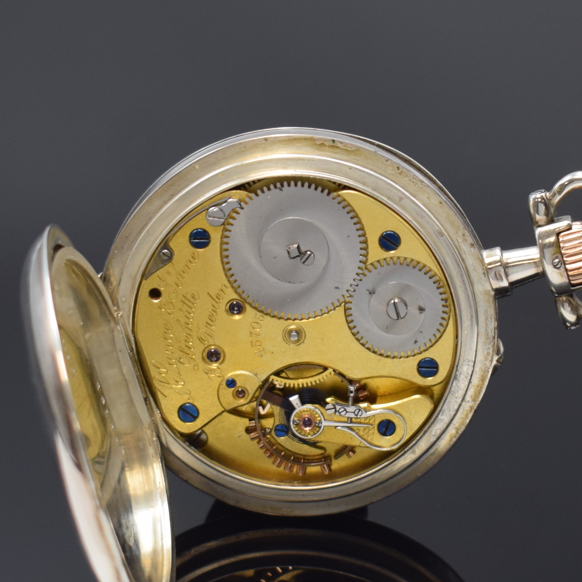 Detail e: A. LANGE & SÖHNE Glashütte offene Taschenuhr in Silber, Deutschland lt. beiliegendem Archivauszug verk. 1903, glattes "Breguet"- Geh. ...