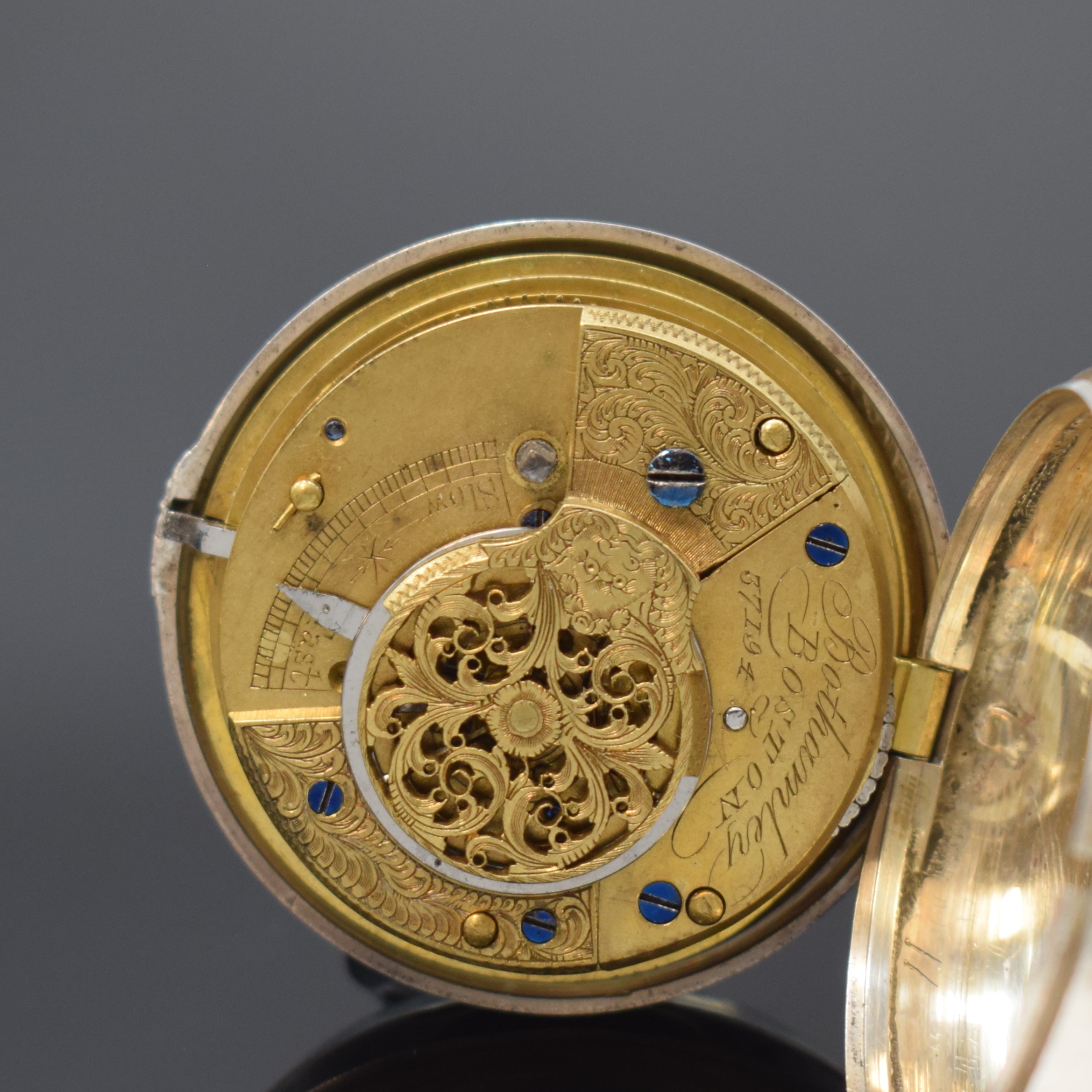 Detail e: BOTHAMLEY Boston schwere Spindeltaschenuhr in Sterlingsilber, London Hallmark 1860, glattes Geh. u. Übergeh. dell., verg. Zifferbl. m. eingelassenem ...