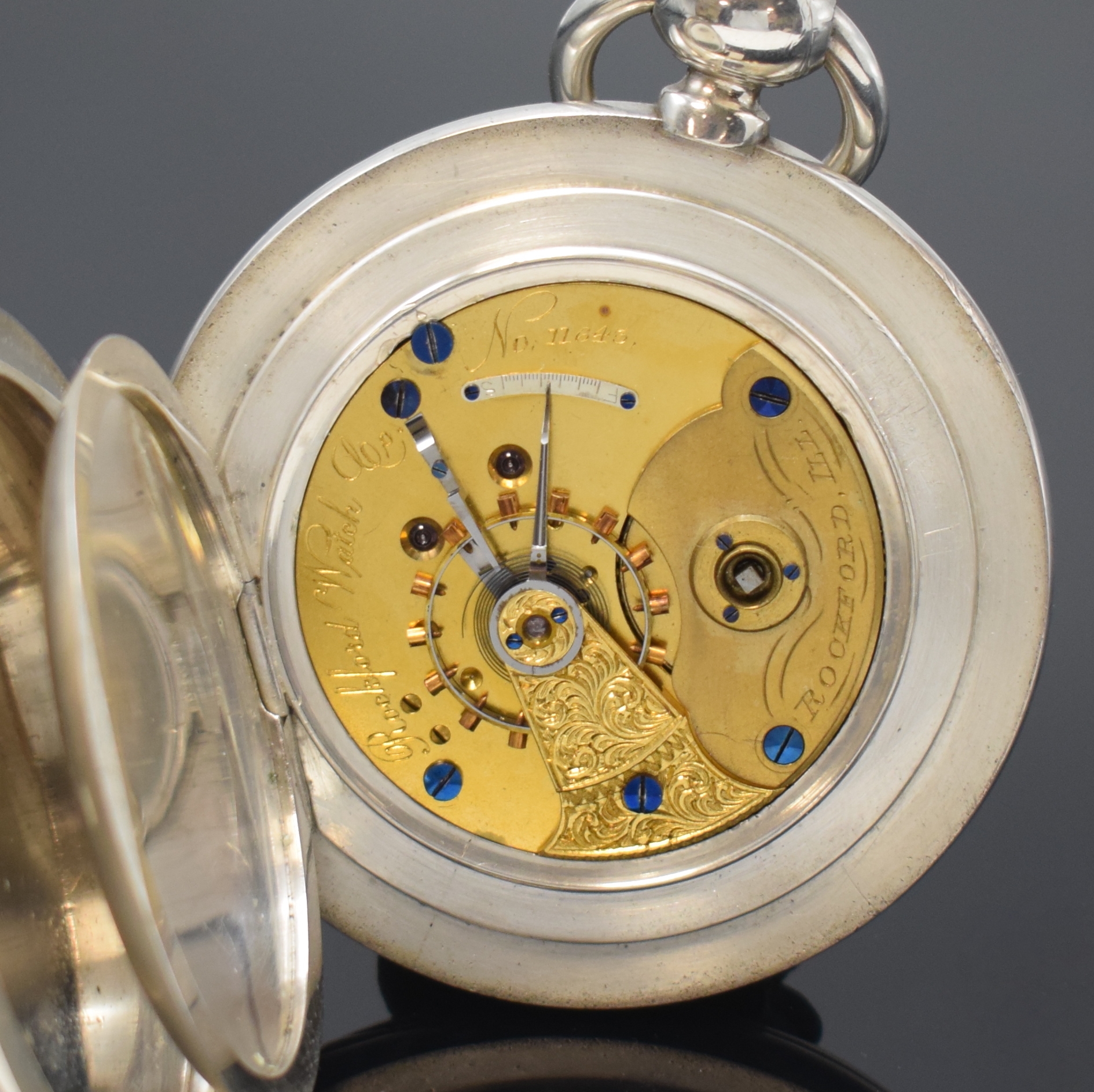 Detail f: ROCKFORD WATCH CO Illinois sehr schwere und große Savonette in Silber, USA um 1880, Schlüsselaufzug, glattes Geh. m. Goldscharnieren, ...