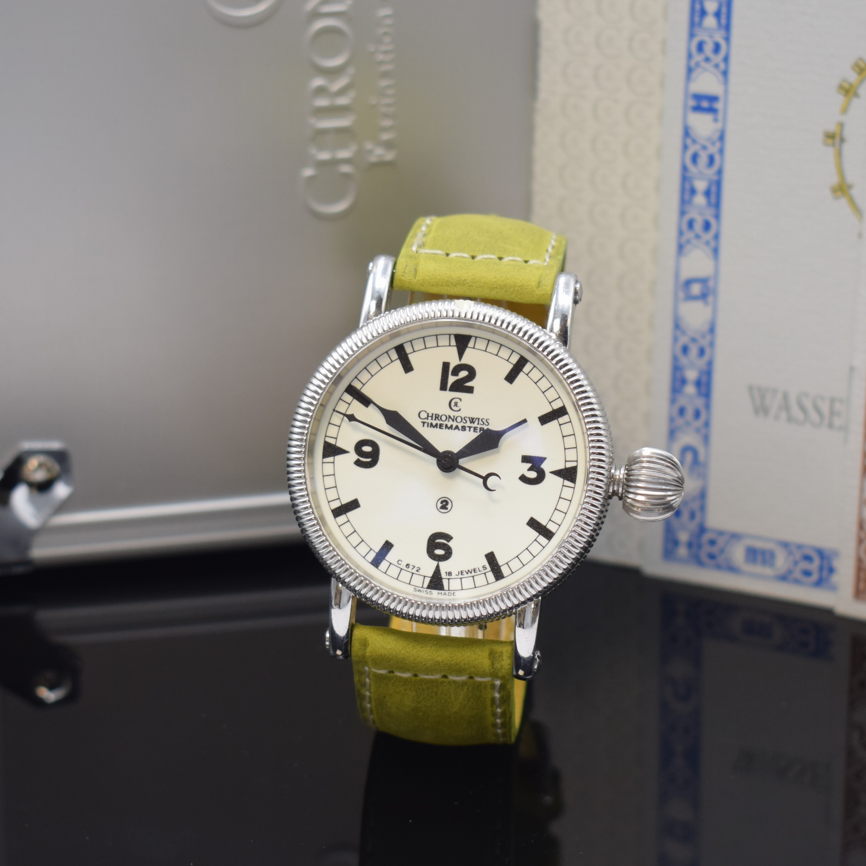 CHRONOSWISS Timemaster 44 Armbanduhr Referenz CH 6233 in Stahl, Schweiz um 2006, Handaufzug, beids. vergl. Geh. m. Widmungsgravur, Boden verschr., ...