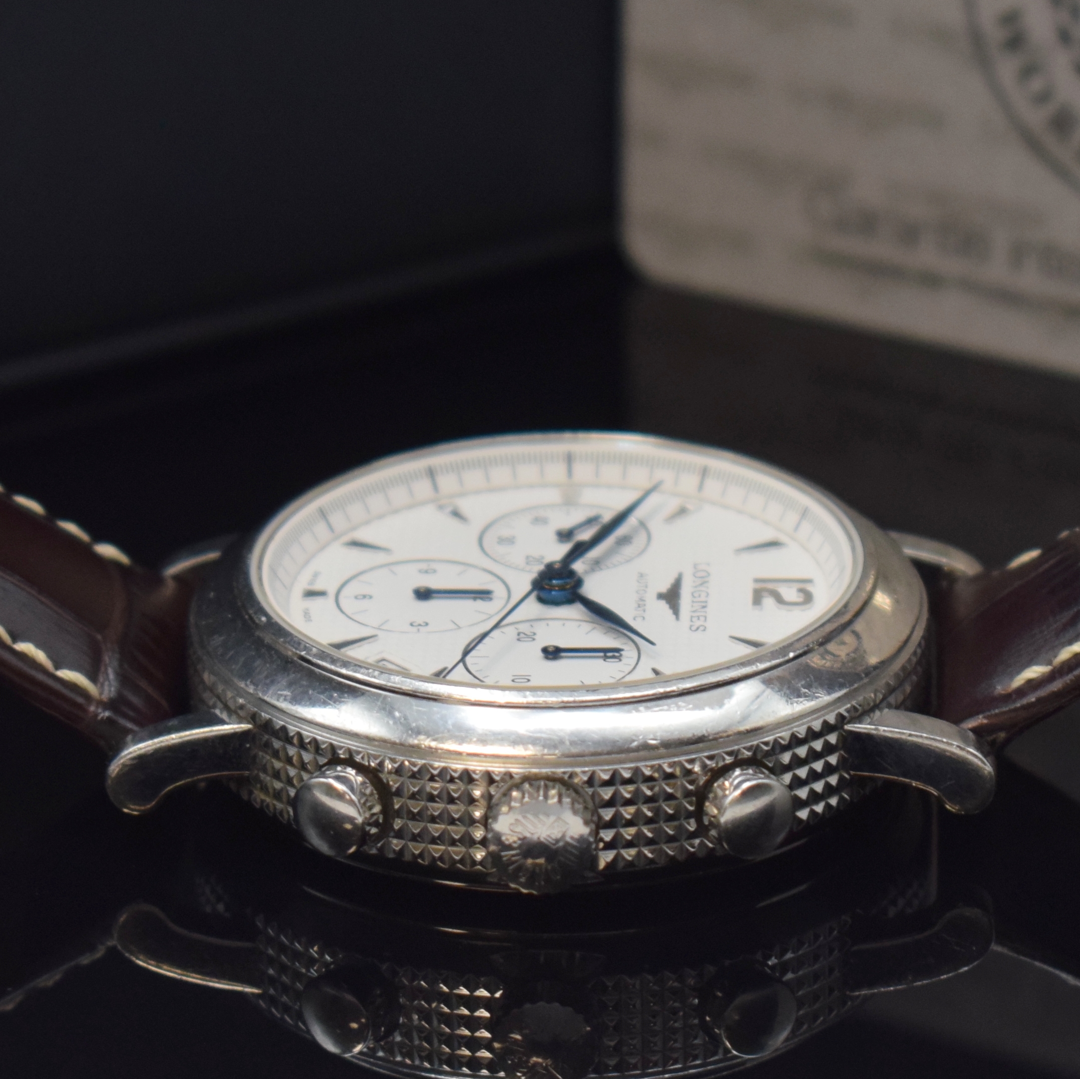 Detail b: LONGINES Clous de Paris Chronograph in Stahl Referenz L.2.704.4, Schweiz um 2015, Automatik, beids. vergl. Geh., Boden aufgedr., weißes ...