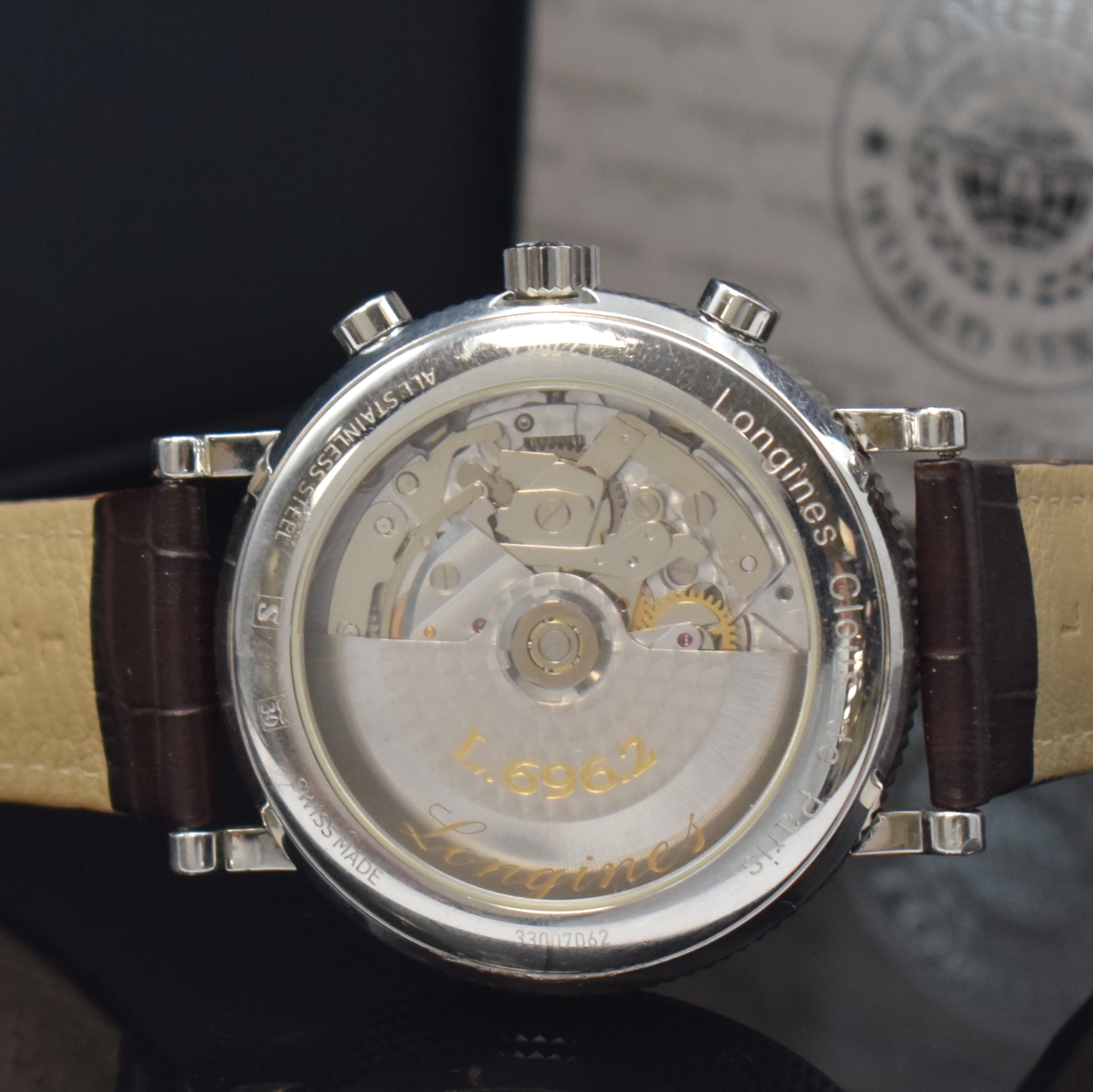 Detail d: LONGINES Clous de Paris Chronograph in Stahl Referenz L.2.704.4, Schweiz um 2015, Automatik, beids. vergl. Geh., Boden aufgedr., weißes ...