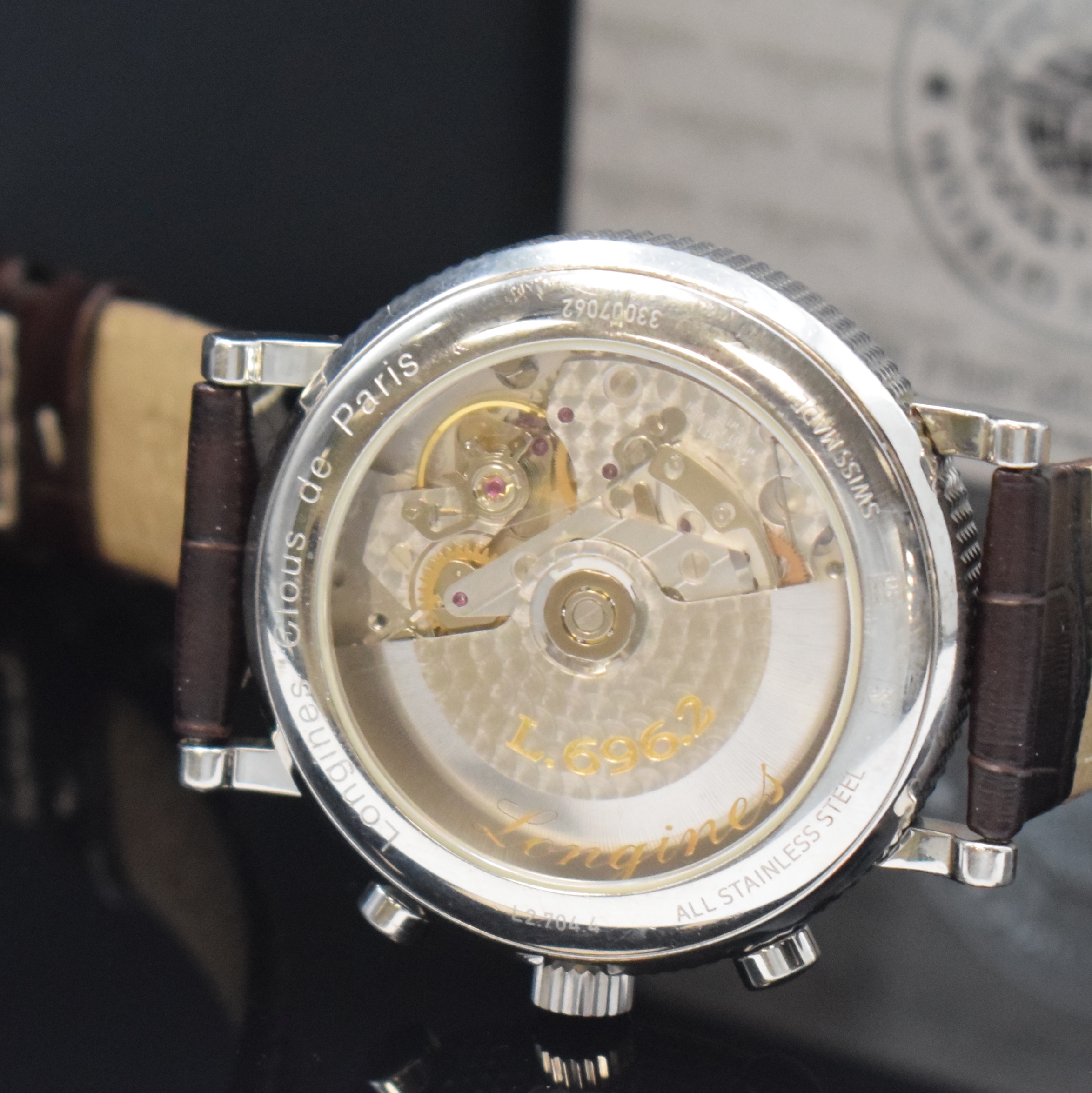Detail e: LONGINES Clous de Paris Chronograph in Stahl Referenz L.2.704.4, Schweiz um 2015, Automatik, beids. vergl. Geh., Boden aufgedr., weißes ...