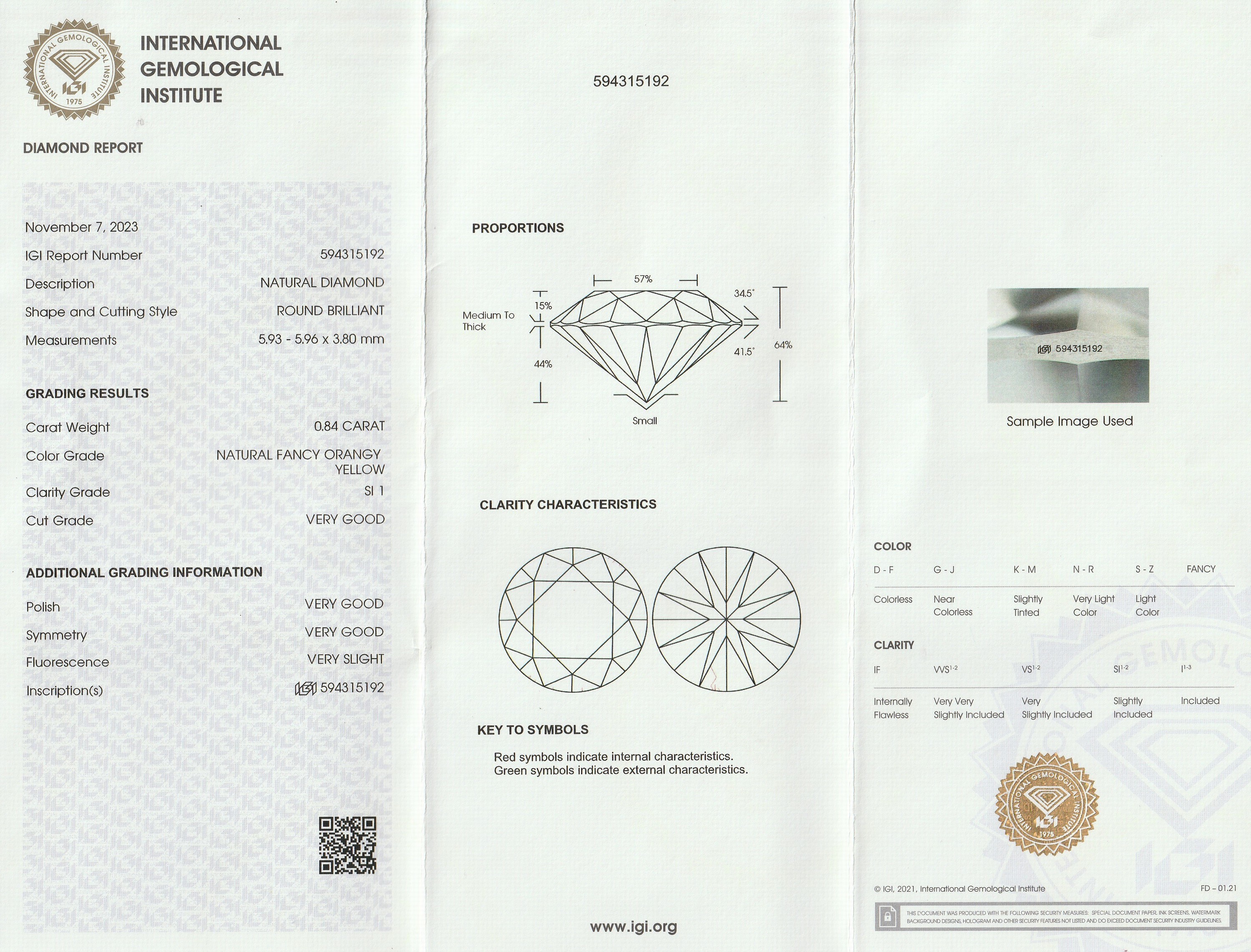 Detail a: Loser Brillant, 0.84 ct natural fancy Orangy Yellow/si1, eingeschweißt, IGI -Expertise