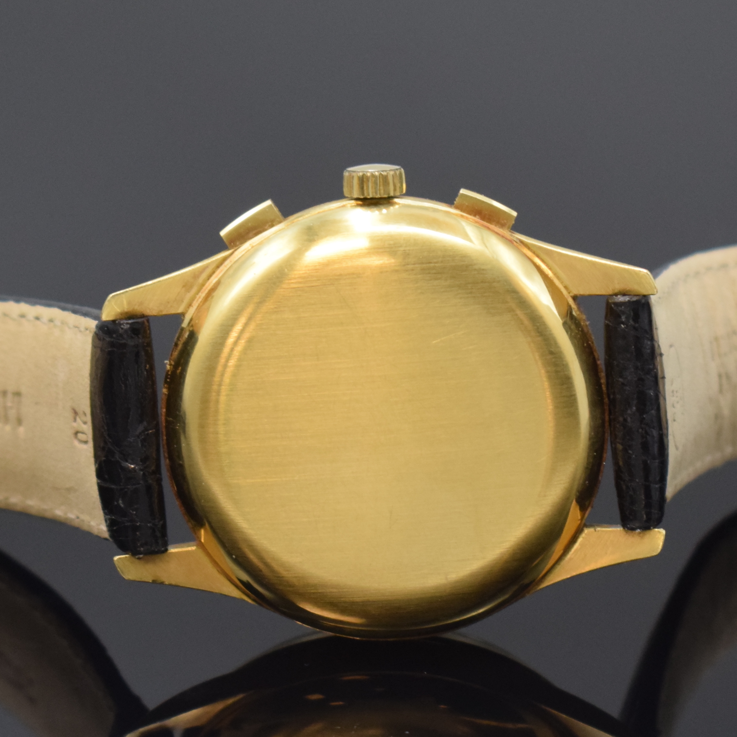 Detail d: GUINAND Herrenarmbanduhr mit Schaltradchronograph und Vollkalender Kaliber Valjoux 726 in GG 750/000, Schweiz um 1980, Handaufzug, 3-teil. Geh., ...