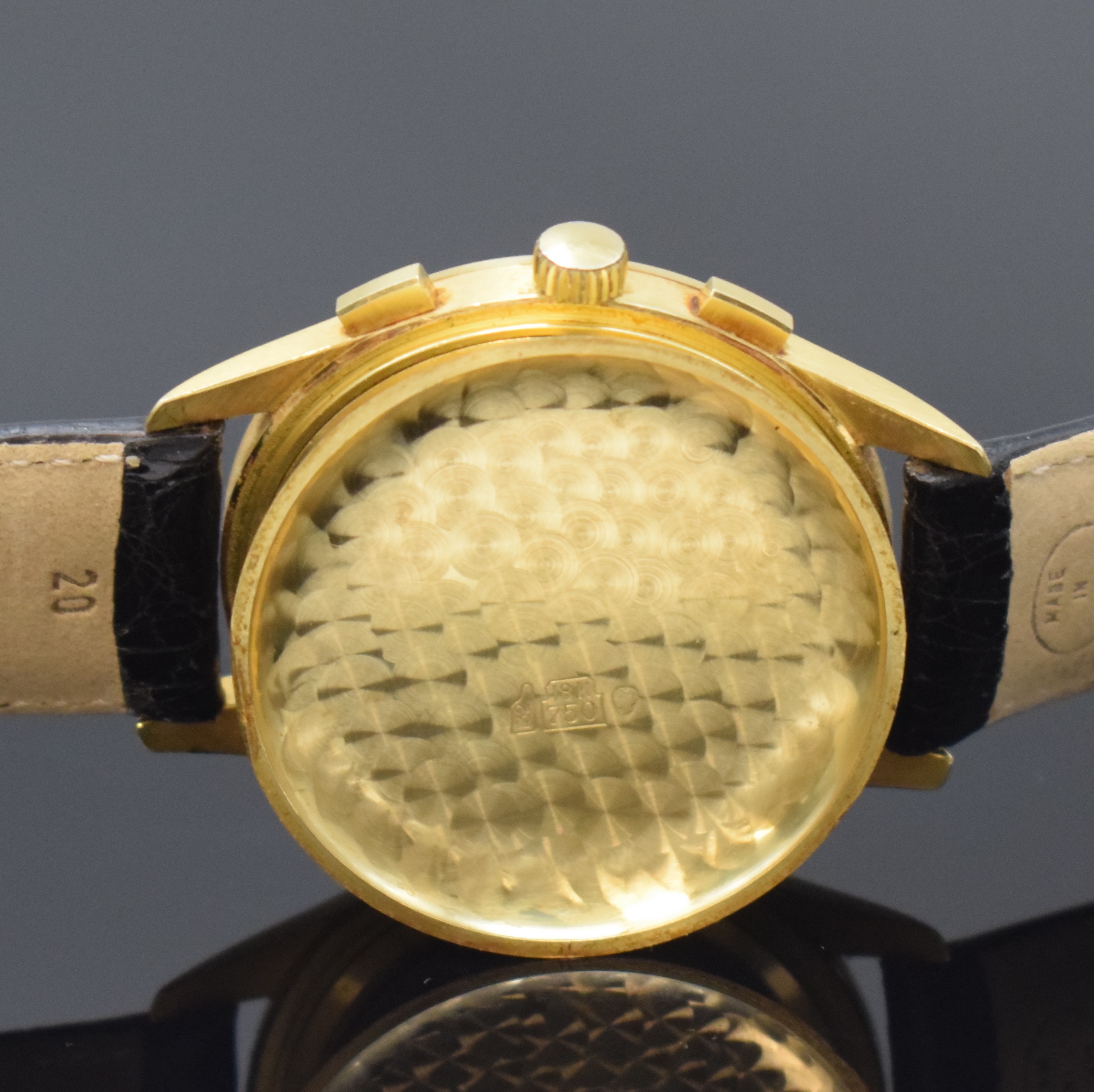 Detail f: GUINAND Herrenarmbanduhr mit Schaltradchronograph und Vollkalender Kaliber Valjoux 726 in GG 750/000, Schweiz um 1980, Handaufzug, 3-teil. Geh., ...
