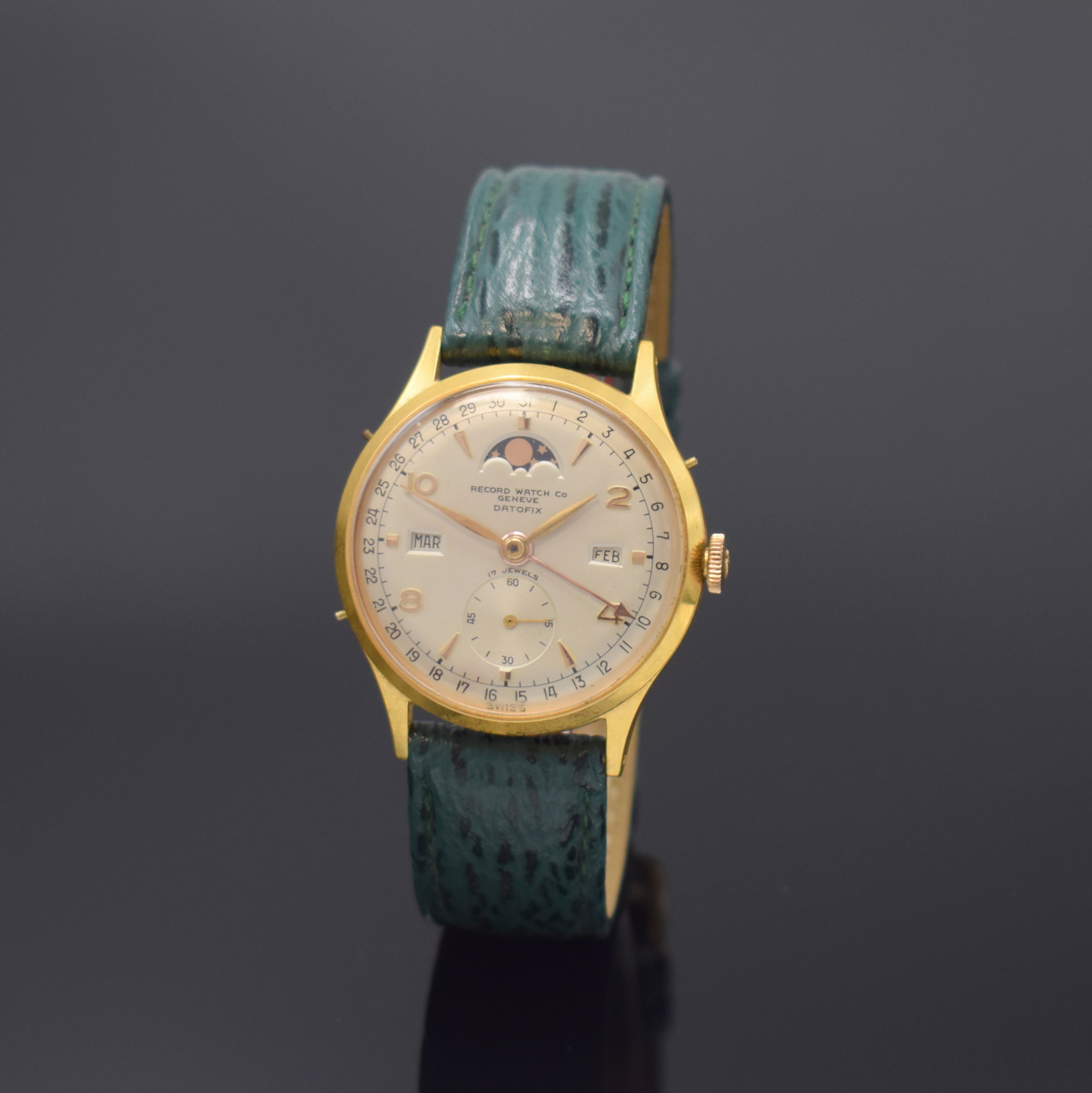 RECORD WATCH Datofix Herrenarmbanduhr, Schweiz Mitte 1940er Jahre, Handaufzug, Vollkalenderanzeige inkl. Mondphase, verg. Metallgeh., Edelstahlboden ...