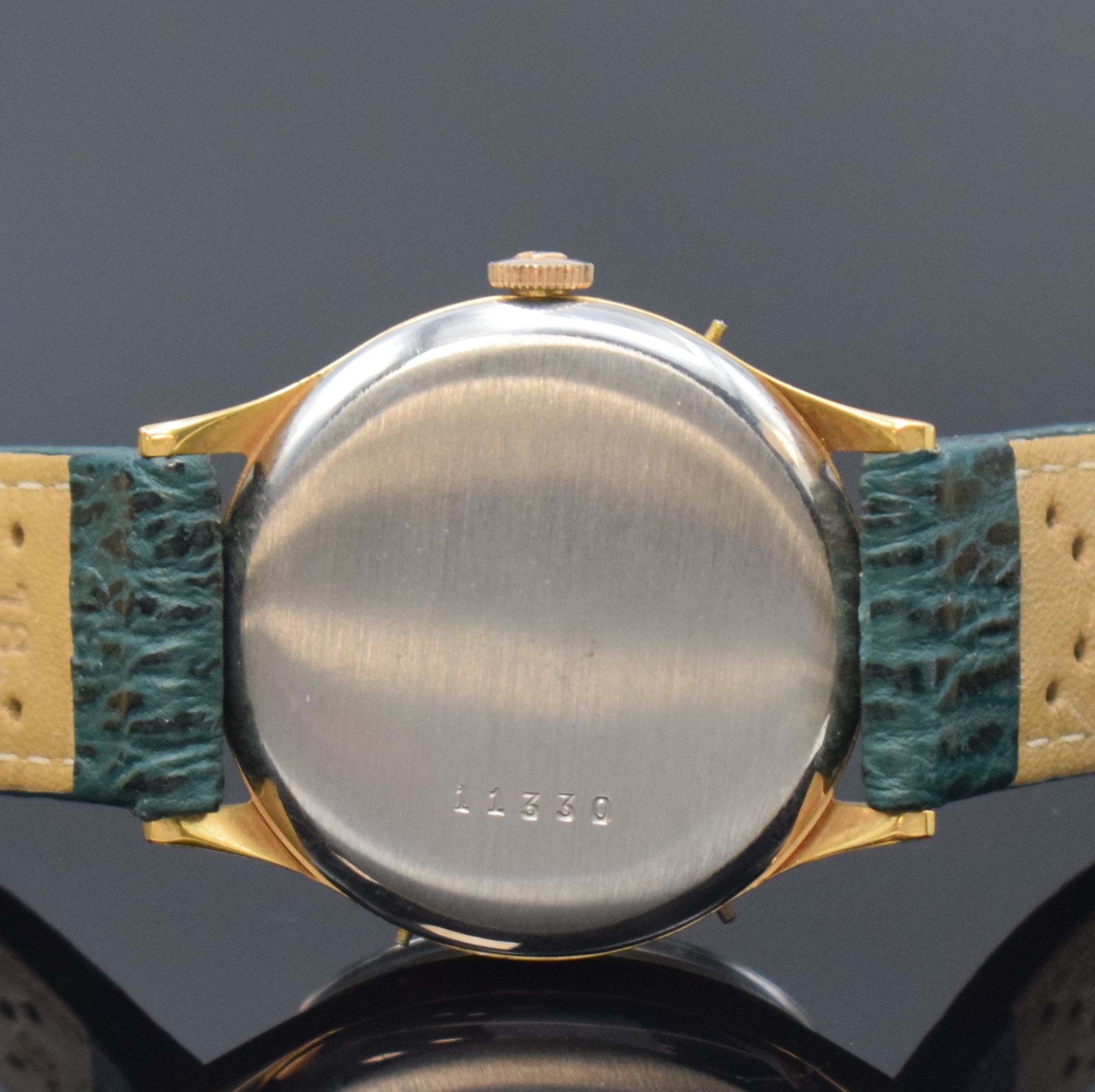 Detail c: RECORD WATCH Datofix Herrenarmbanduhr, Schweiz Mitte 1940er Jahre, Handaufzug, Vollkalenderanzeige inkl. Mondphase, verg. Metallgeh., Edelstahlboden ...