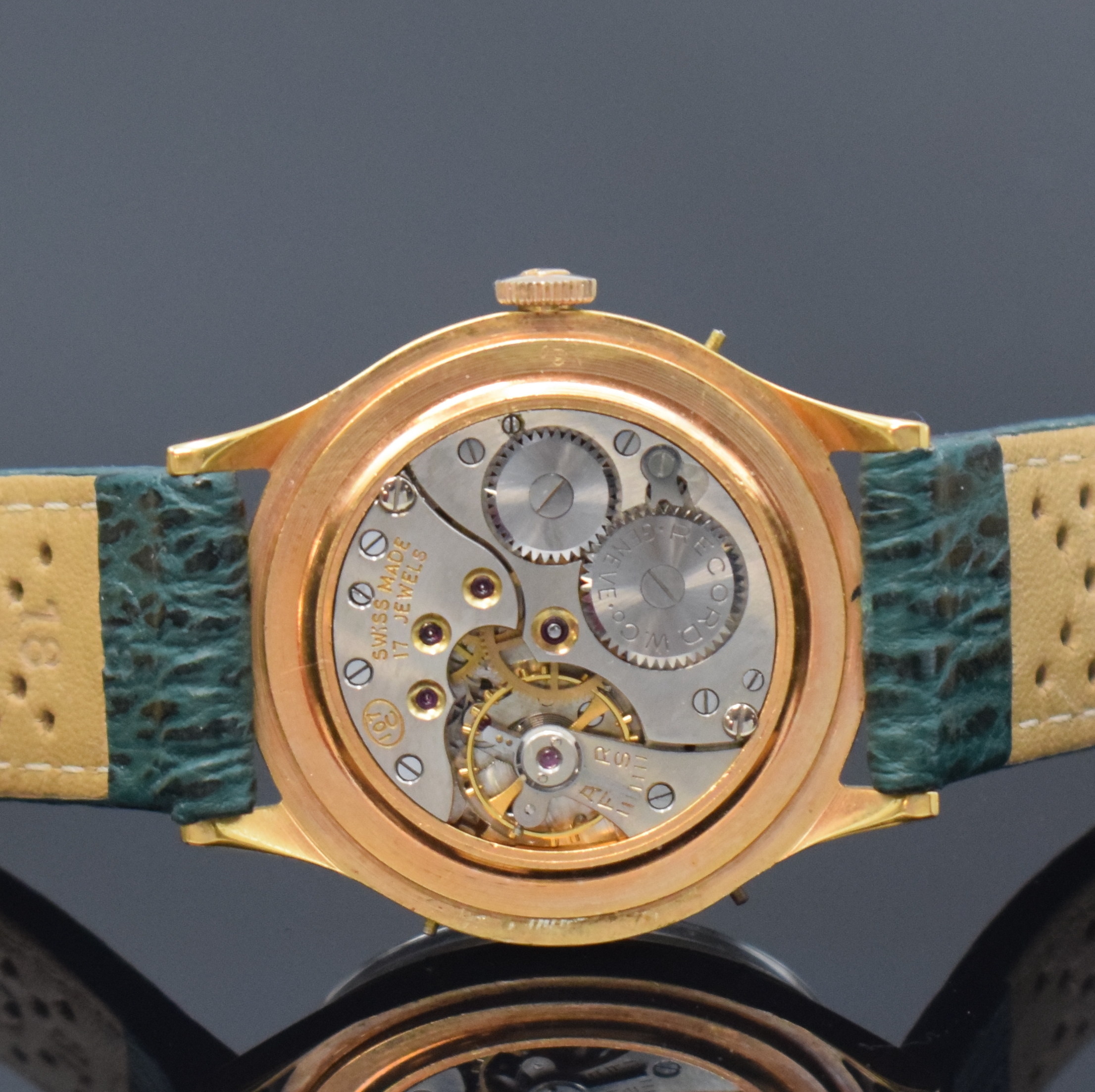 Detail e: RECORD WATCH Datofix Herrenarmbanduhr, Schweiz Mitte 1940er Jahre, Handaufzug, Vollkalenderanzeige inkl. Mondphase, verg. Metallgeh., Edelstahlboden ...
