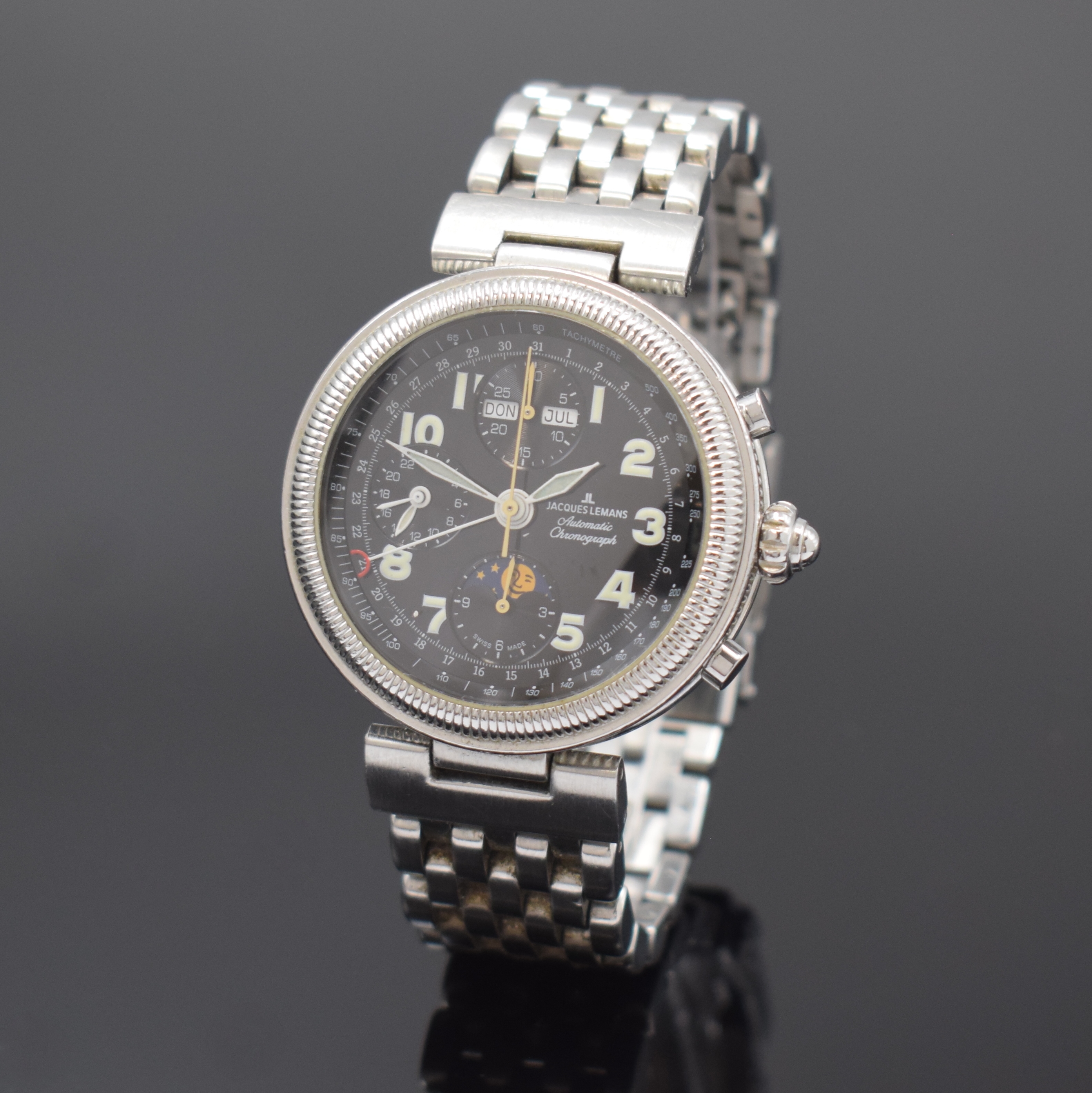 JACQUES LEMANS Armbandchronograph mit Vollkalenderanzeige, Automatik, Schweiz um 2005, beids. vergl. Edelstahlgeh. inkl. Gliederband m. Faltschl., ...