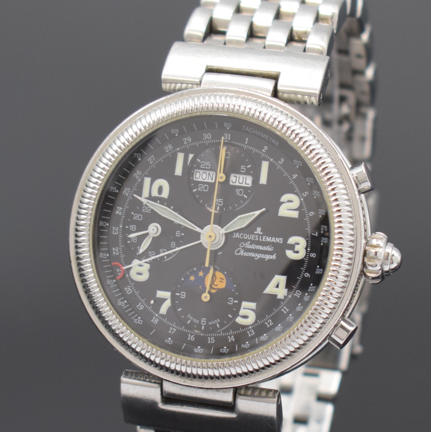 Detail a: JACQUES LEMANS Armbandchronograph mit Vollkalenderanzeige, Automatik, Schweiz um 2005, beids. vergl. Edelstahlgeh. inkl. Gliederband m. Faltschl., ...