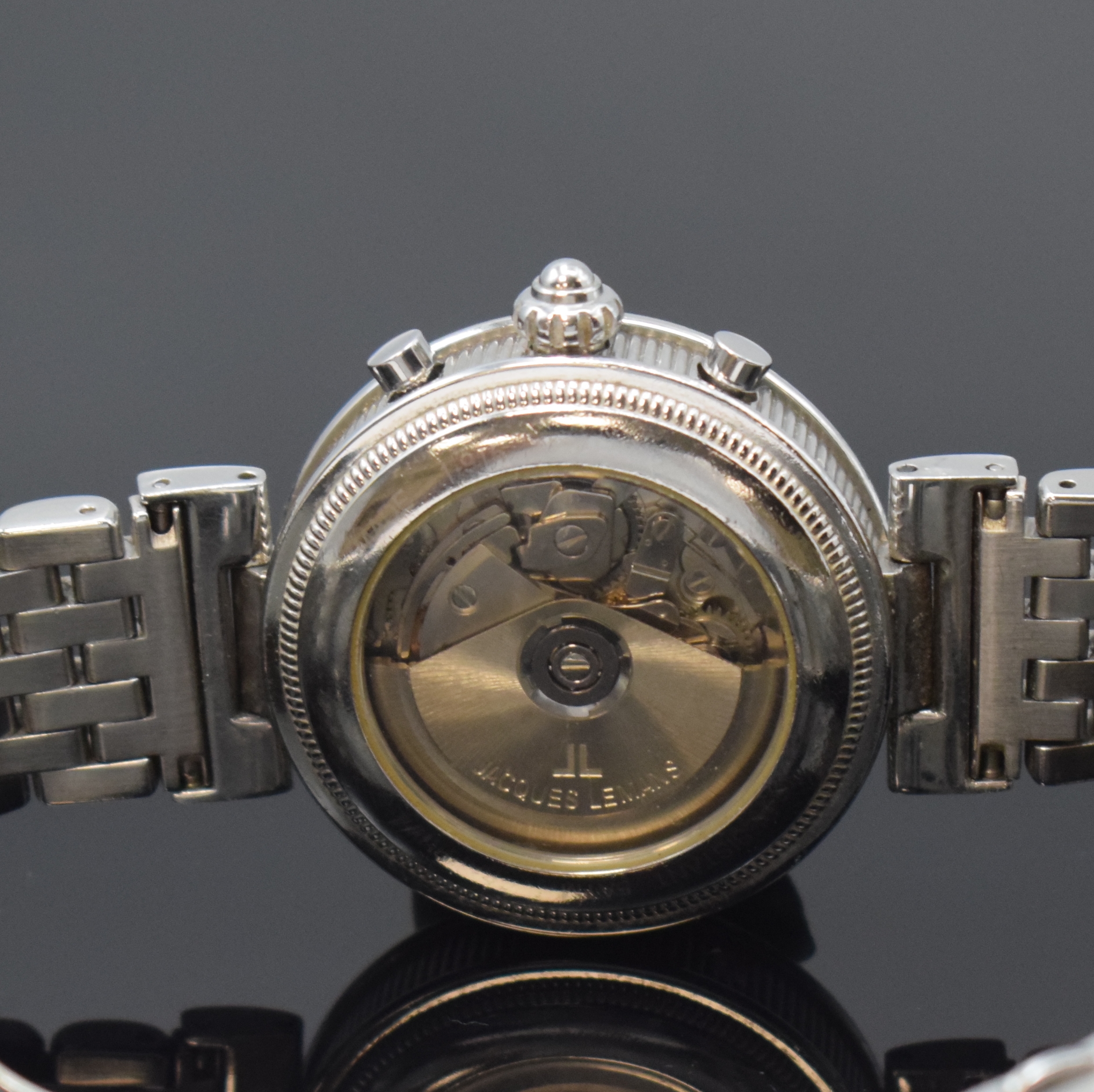 Detail d: JACQUES LEMANS Armbandchronograph mit Vollkalenderanzeige, Automatik, Schweiz um 2005, beids. vergl. Edelstahlgeh. inkl. Gliederband m. Faltschl., ...