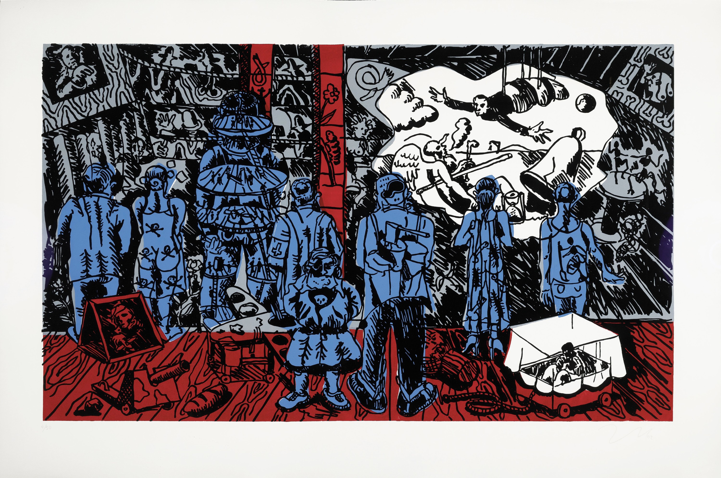 Jörg Immendorff, 1945-2007, Linolschnitt, "The Rake's Progress", 2002, Ed. 4/50, handsigniert und datiert, 77x114 cm, unter Glas ...