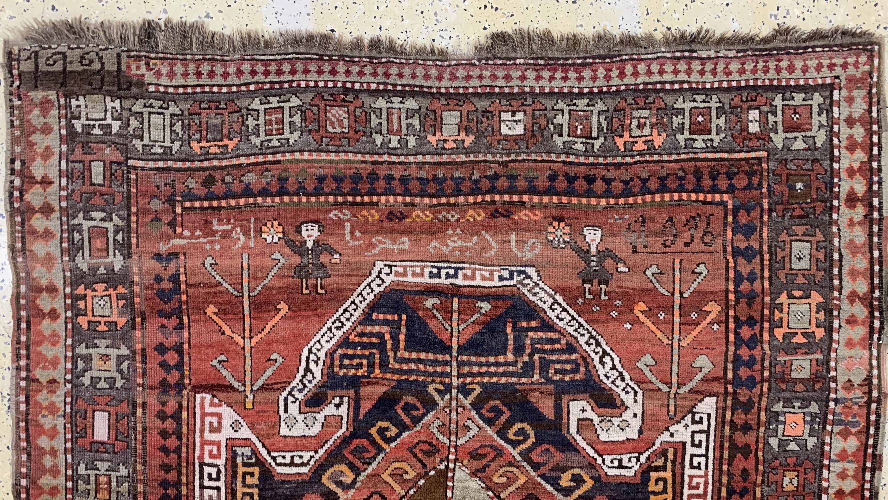 Detail c: Kazak antik, Kaukasus, datiert 1916 Jahre, Wolle auf Wolle, ca. 304 x 165 cm, EHZ:3-4, (alte Restaurierungen)
