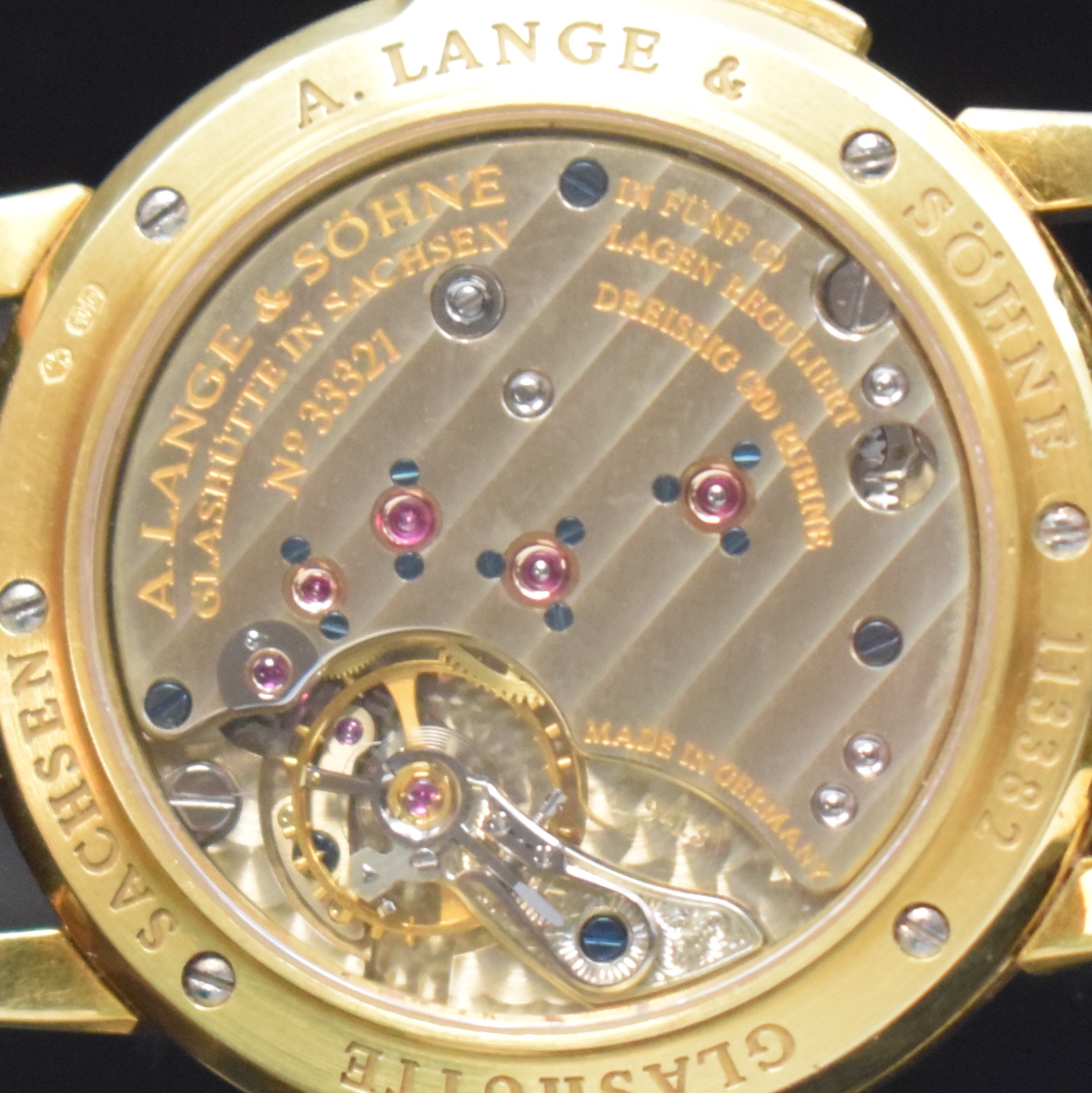 Detail f: A. LANGE & SÖHNE Armbanduhr Saxonia in GG 750/000 Referenz 105.021, Handaufzug, beids. vergl. Geh. inkl. Lederband m. orig. GG 750/000 Dornschl., ...