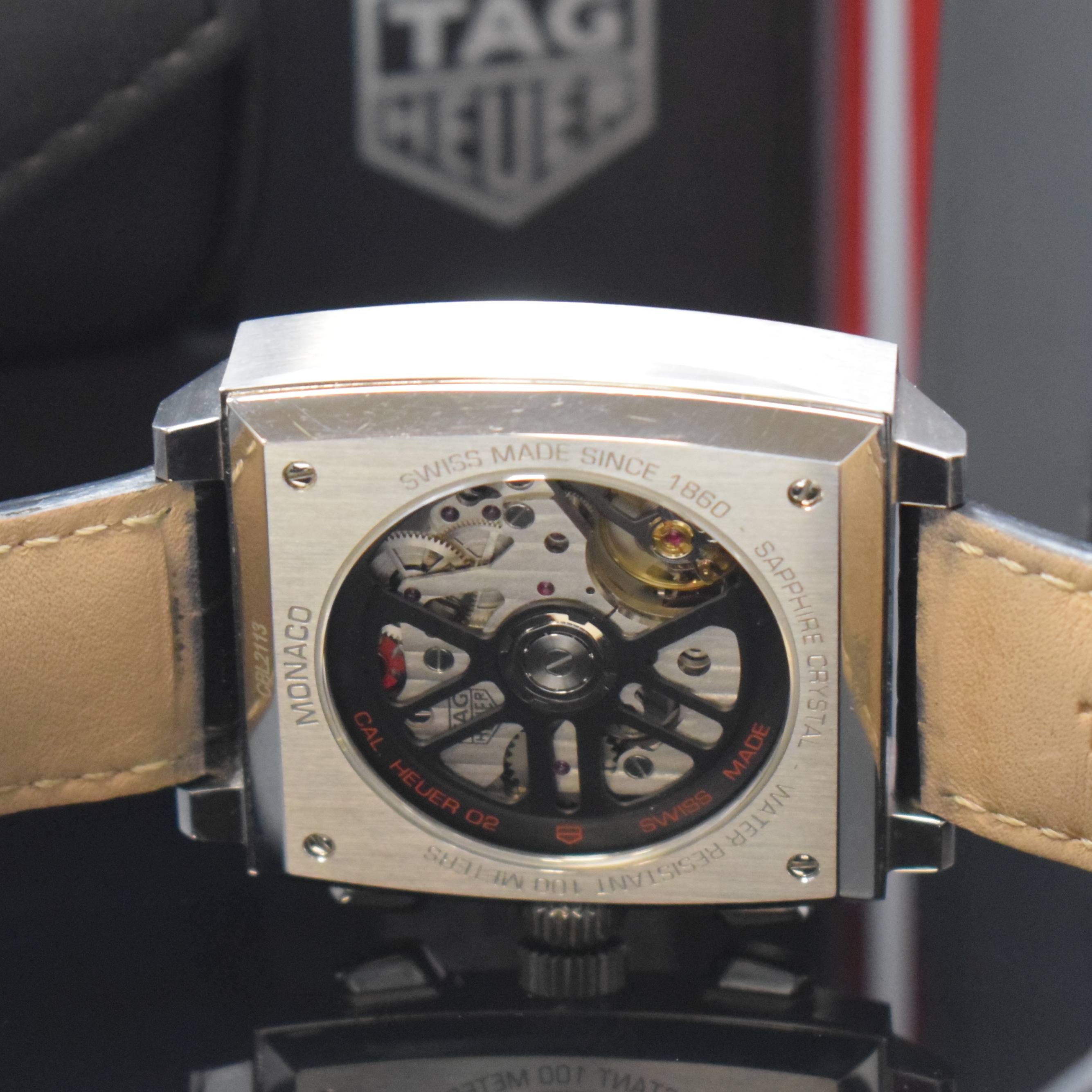 Detail e: TAG HEUER Monaco Armbandchronograph Referenz CBL2113.FC6177, Automatik, beids. vergl. Edelstahlgeh. inkl. Lederband m. Faltschl., Boden 4-fach ...