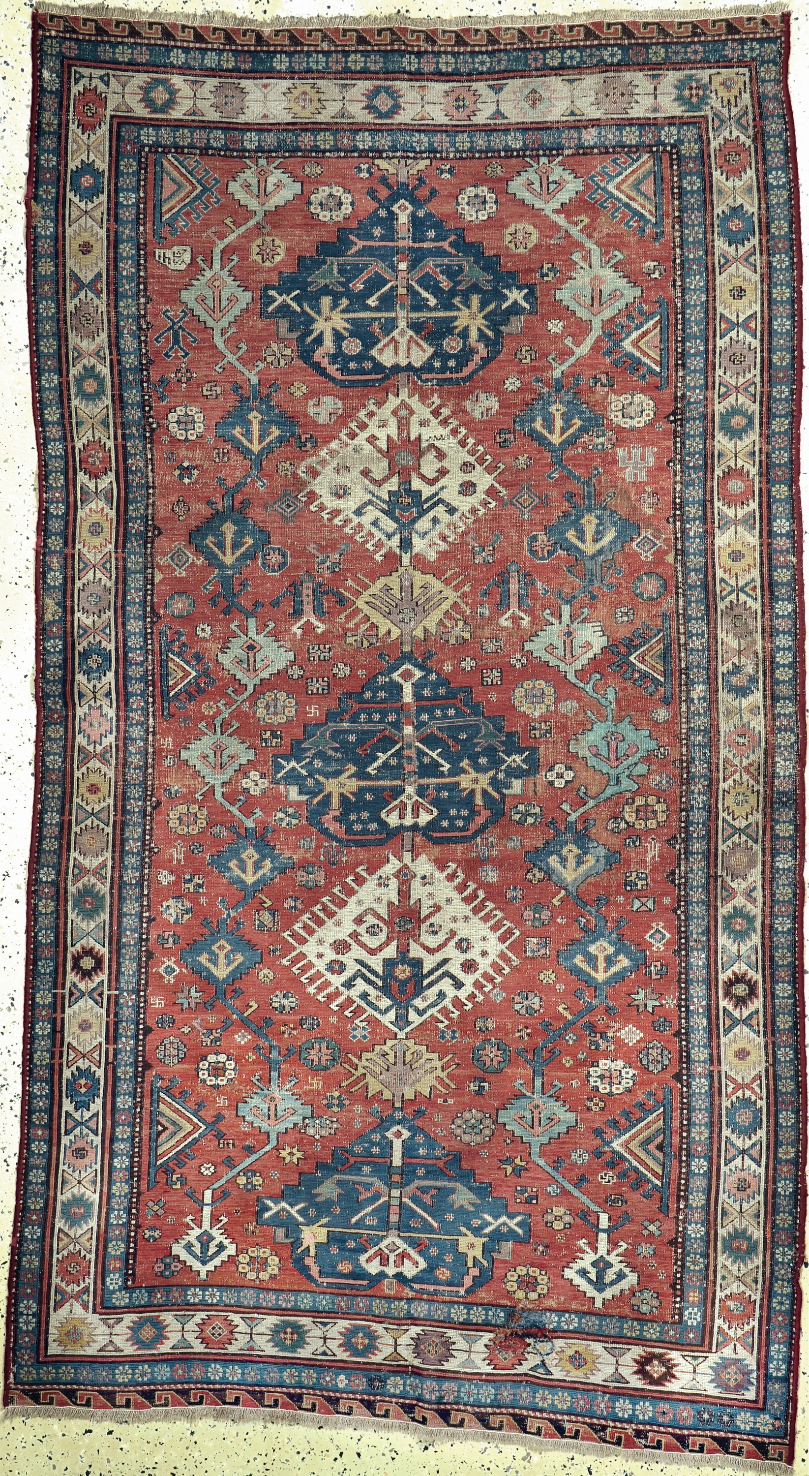 Antike"Kuba" Sumakh, Kaukasus, datiert 1287(1866), Wolle auf Wolle, ca. 260 x 144 cm,EHZ: 3(geflickt)