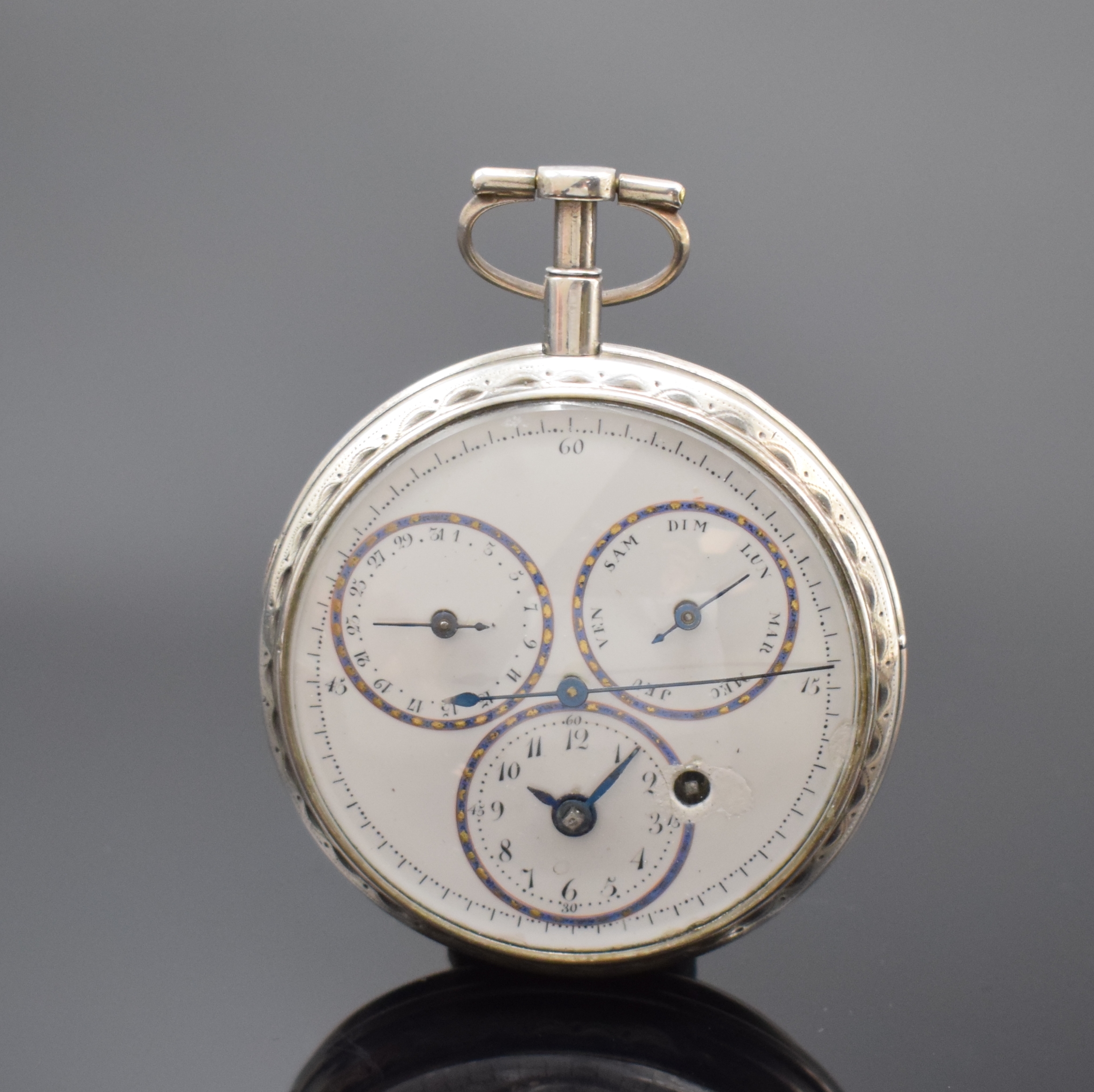 Spindeltaschenuhr mit Zentralsekunde, Tag und Datum, Schweiz um 1780, offenes, glattes Geh. m. langem Pendant, im Boden bez. CAR, grav. Lünette, ...