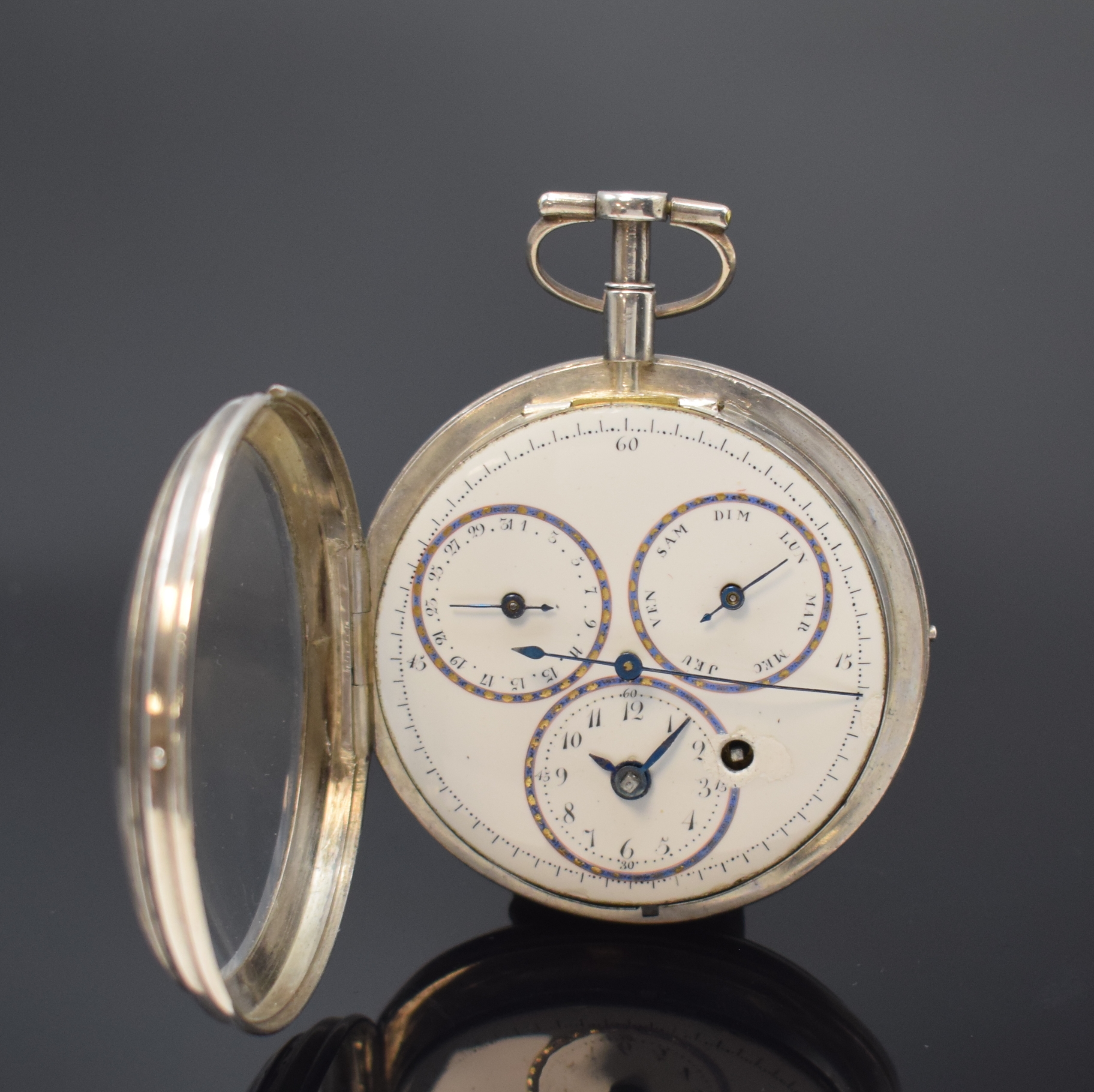Detail b: Spindeltaschenuhr mit Zentralsekunde, Tag und Datum, Schweiz um 1780, offenes, glattes Geh. m. langem Pendant, im Boden bez. CAR, grav. Lünette, ...