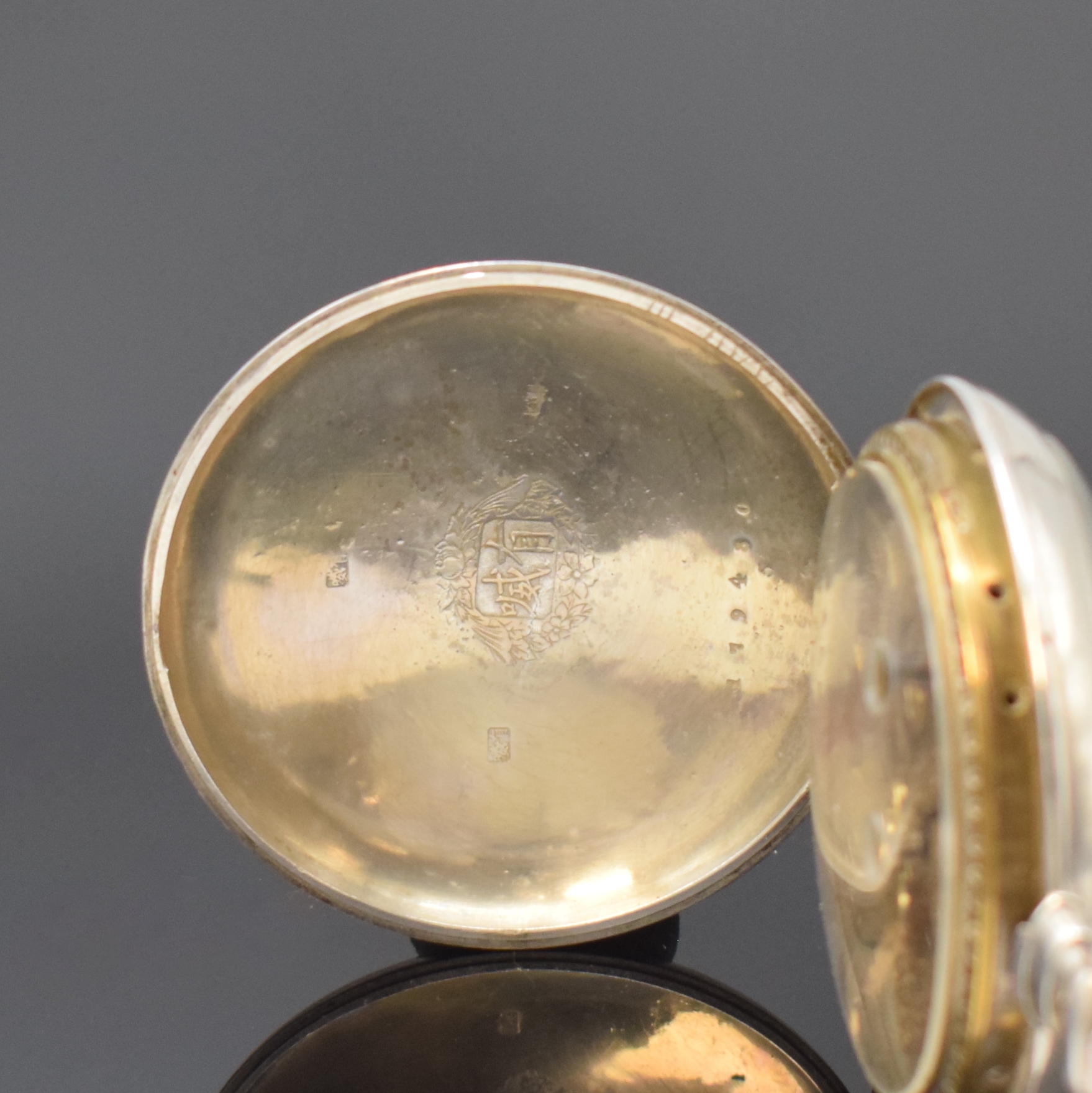 Detail b: Offene Herrentaschenuhr mit Zentralsekunde und Automat für den chinesischen Markt, Schweiz um 1880, Schlüsselaufzug, glattes Geh. m. rücks. ...