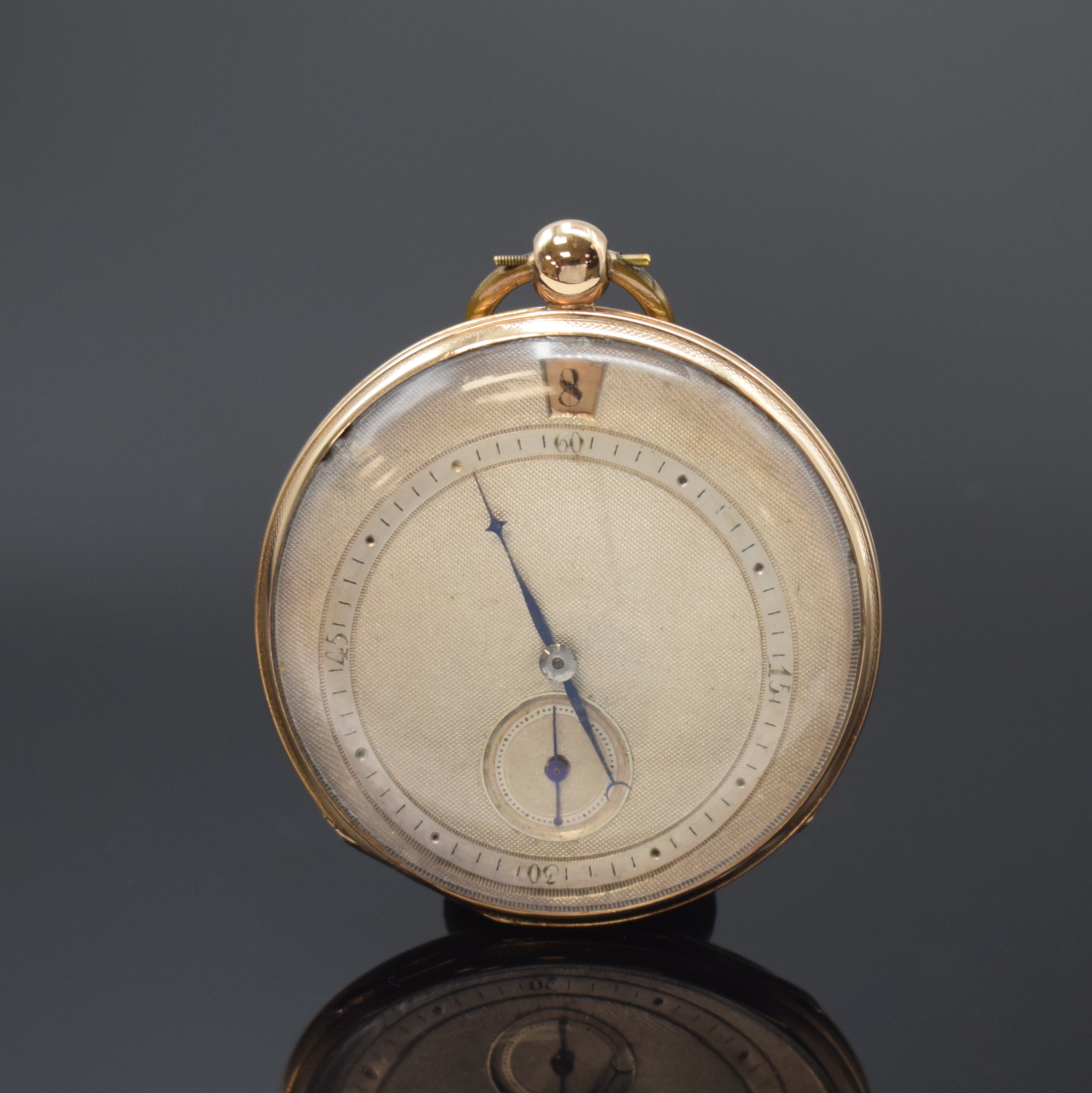 L'EPINE Taschenuhr mit digitaler Stunde in RoseG 750/000, Schweiz um 1830, Schlüsselaufzug, glattes Geh. m. guill. Rand, Bügel später, guill. ...