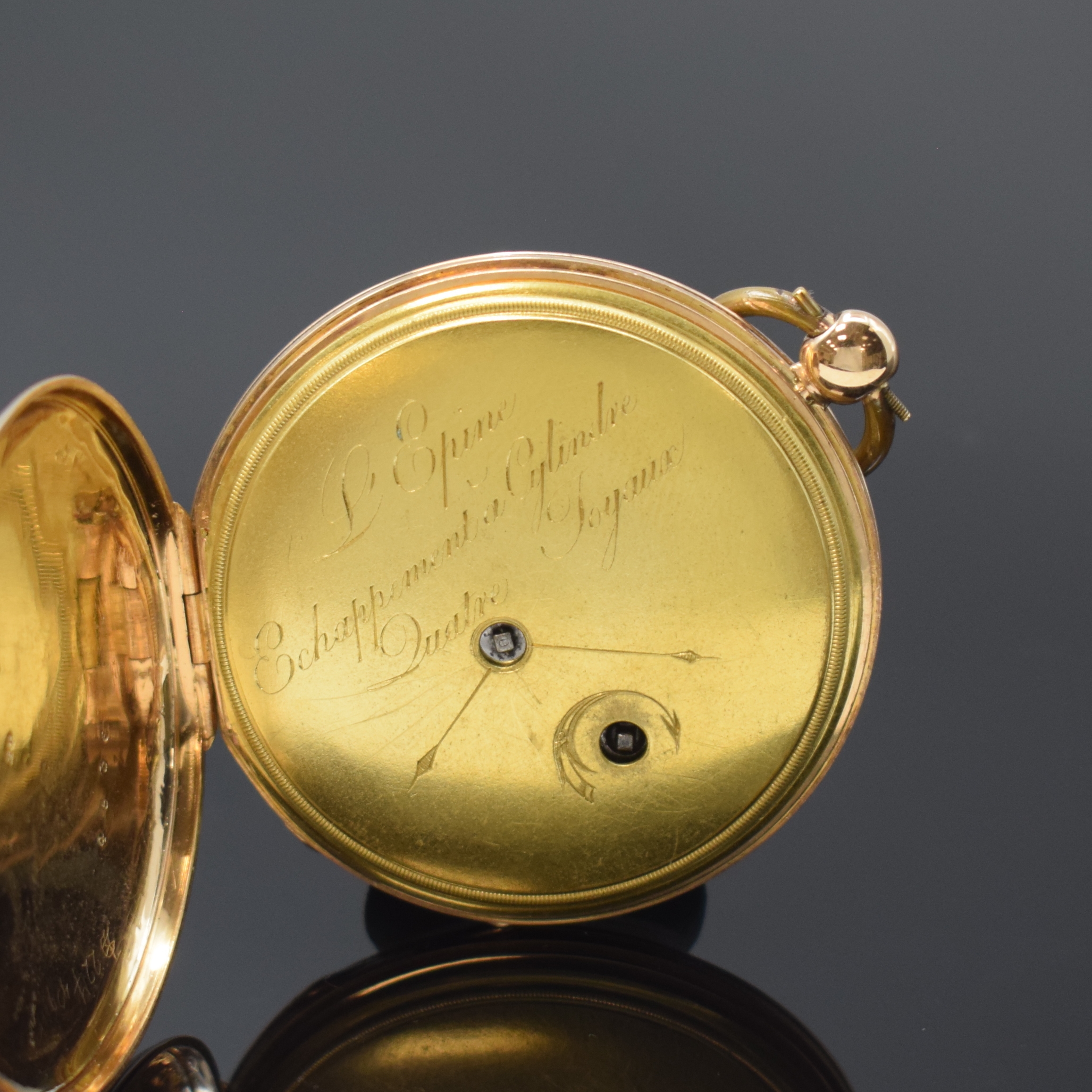 Detail c: L'EPINE Taschenuhr mit digitaler Stunde in RoseG 750/000, Schweiz um 1830, Schlüsselaufzug, glattes Geh. m. guill. Rand, Bügel später, guill. ...