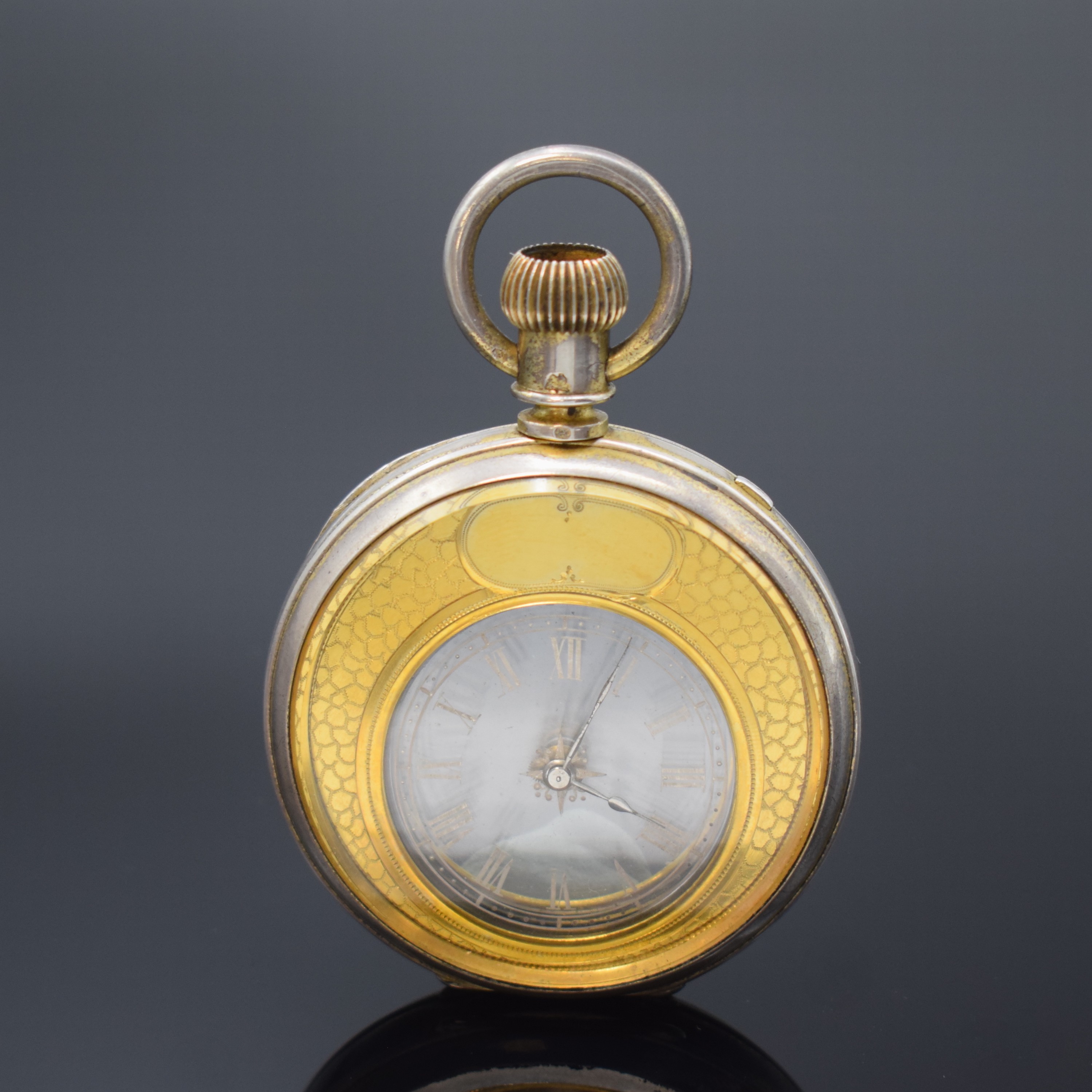 A.S & F (Armand Schwob & Frère) Mysterieuse Herrentaschenuhr, Schweiz um 1880, Silber ehem. verg., dell. Geh. beids. vergl., Glaszifferblatt m. ...