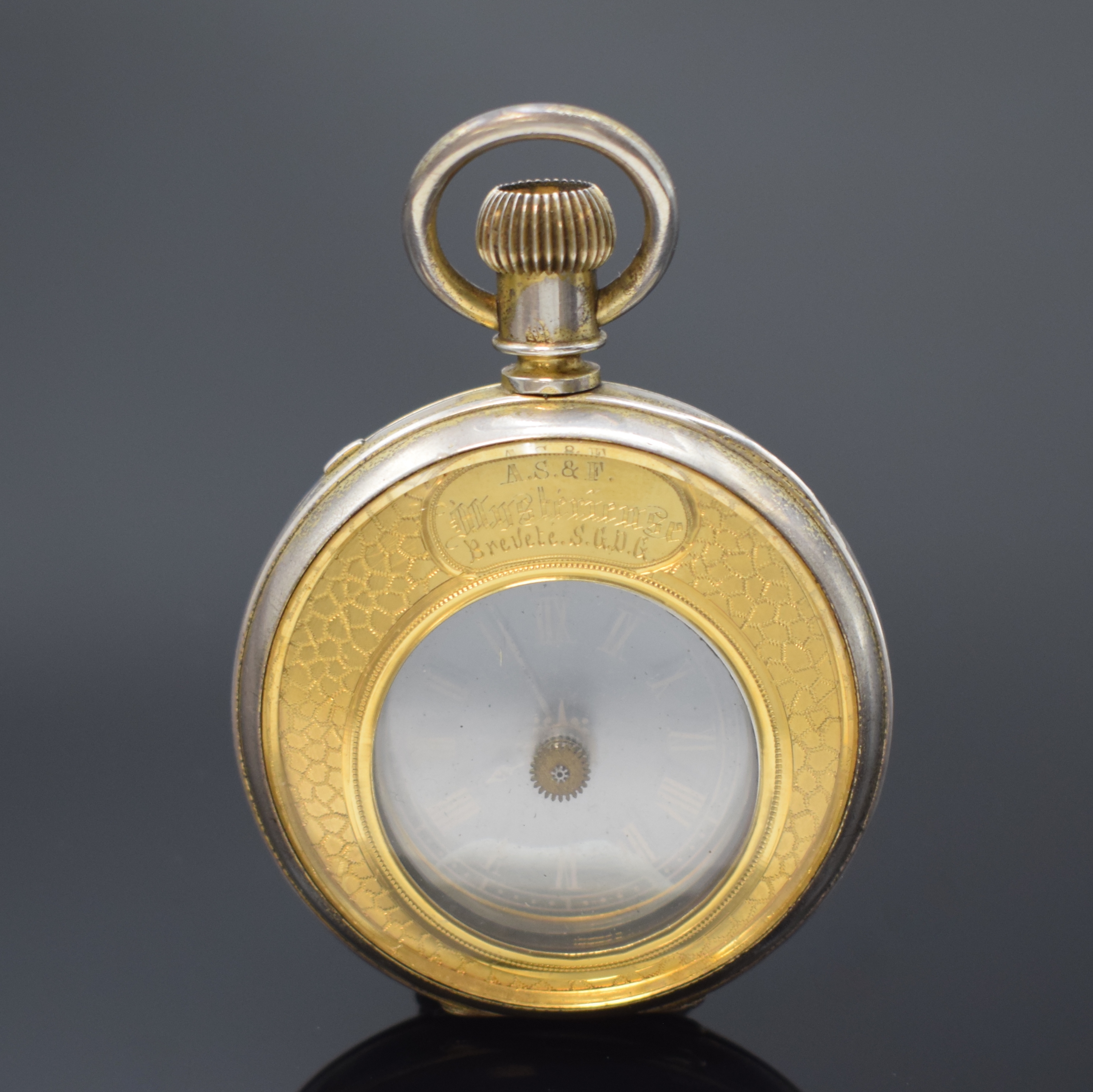 Detail c: A.S & F (Armand Schwob & Frère) Mysterieuse Herrentaschenuhr, Schweiz um 1880, Silber ehem. verg., dell. Geh. beids. vergl., Glaszifferblatt m. ...