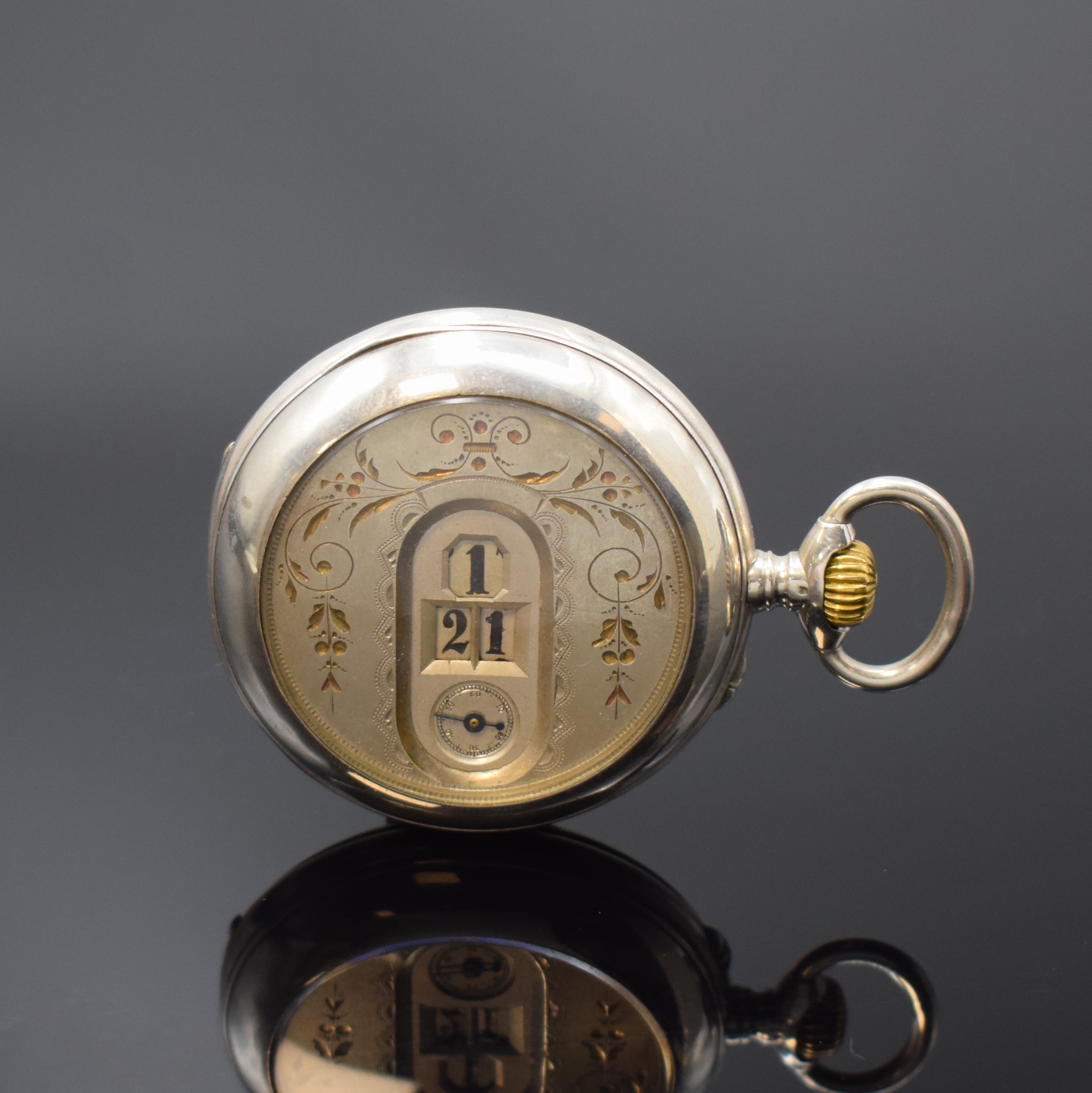 Offene Taschenuhr in Silber mit springender digitaler Anzeige, Schweiz um 1890, Geh. dell., guill. Rückdeckel m. Monogrammspiegel, vers. Zifferbl. ...
