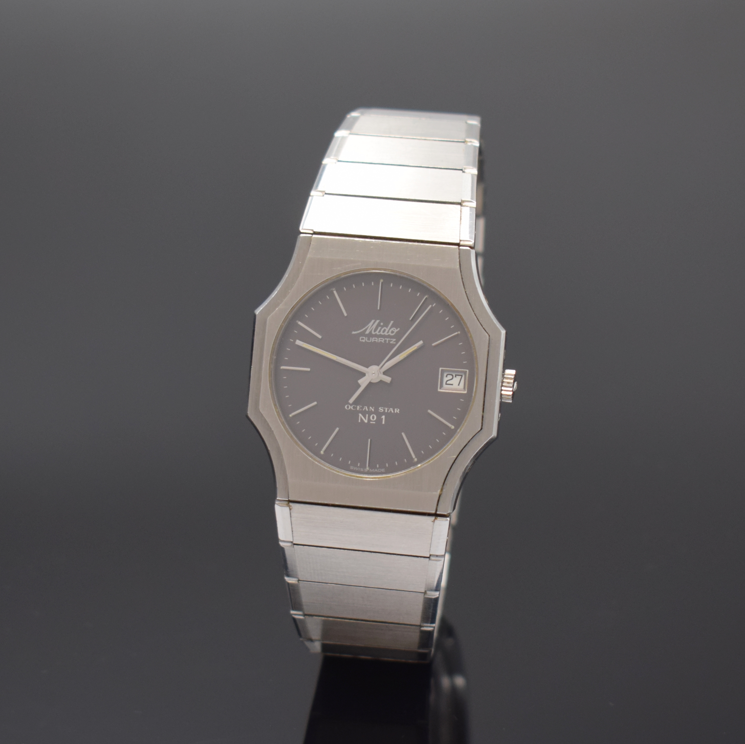 MIDO Ocean Star No 1 "Björn Borg" seltene Armbanduhr in Stahl Referenz 8010, Schweiz um 1985, quarz, Boden gedr., orig. Gliederband m. ...