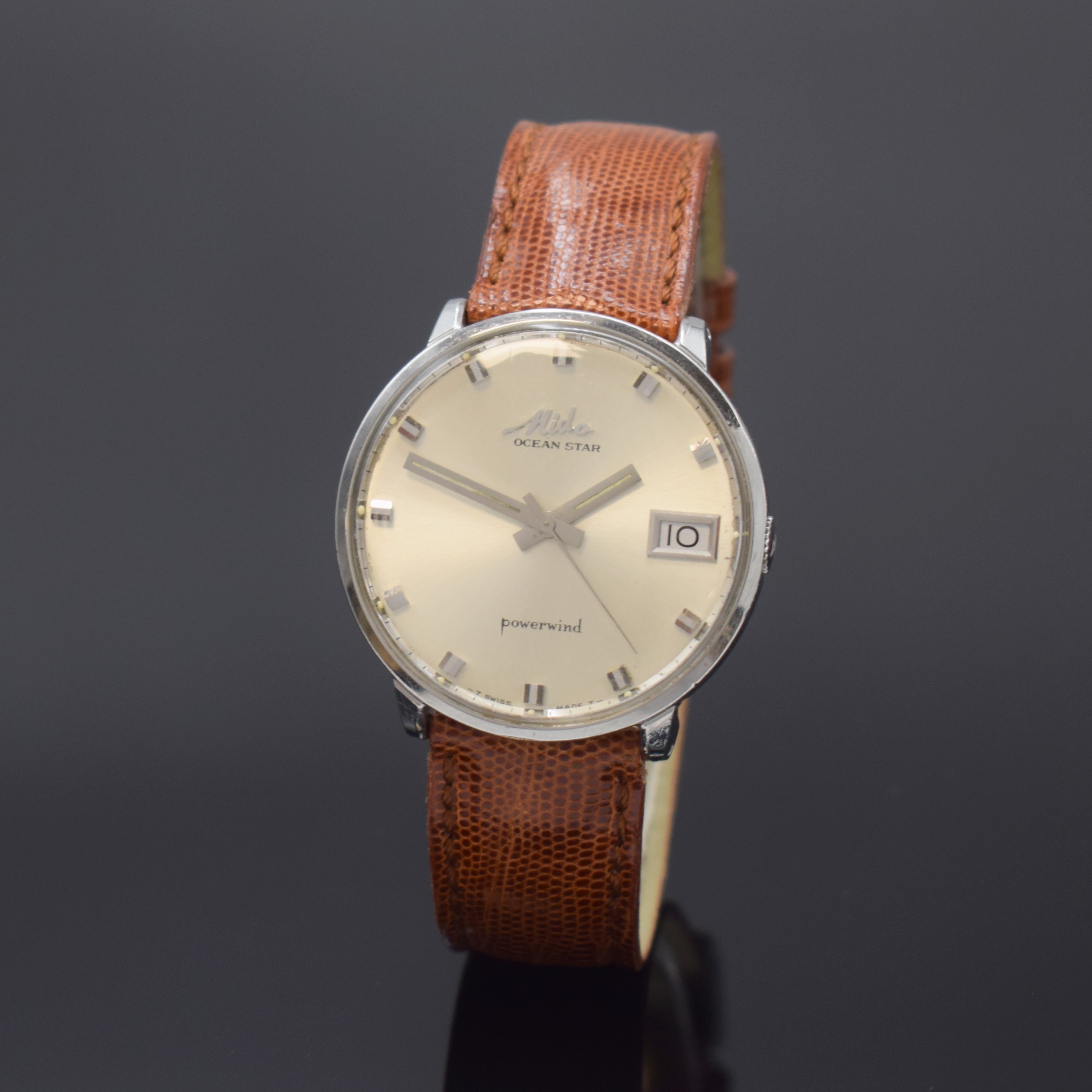 MIDO Ocean Star Powerwind Herrenarmbanduhr in Stahl Referenz 5047, Schweiz um 1965, Automatik, Monocoque-Geh., silb. Zifferbl. m. aufges. Std.-Ind., ...